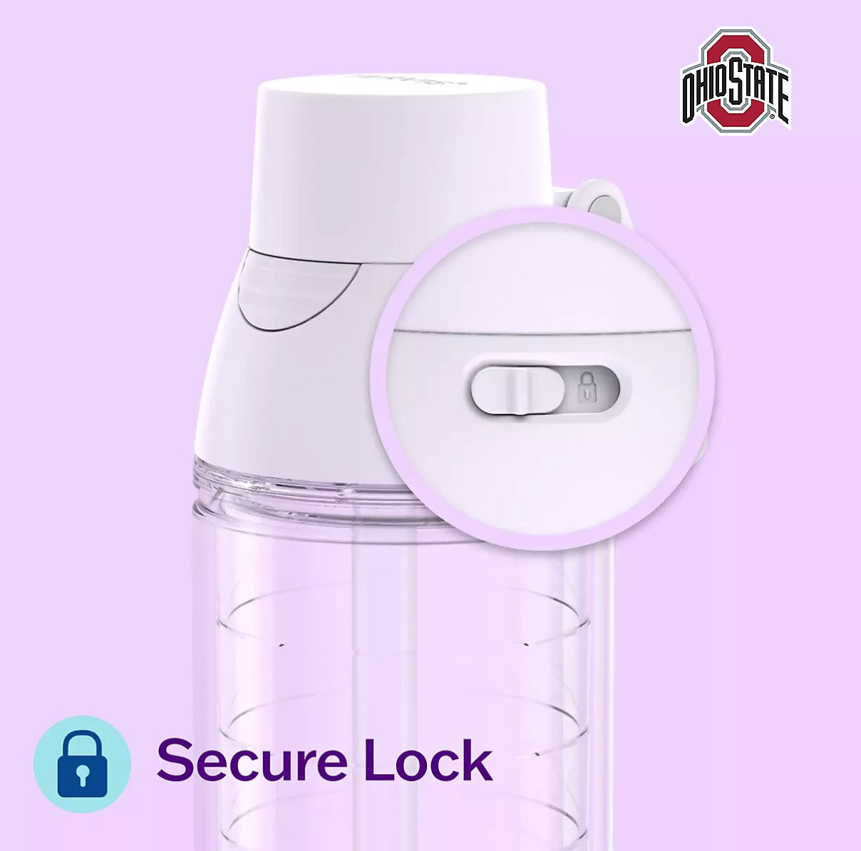 A white and clear plastic water bottle with a circular inset showing a lock switch feature labeled 'Secure Lock.' The OhioState logo appears in the top right, and a lock icon with the text 'Secure Lock' appears in the bottom left, all on a light lavender background.