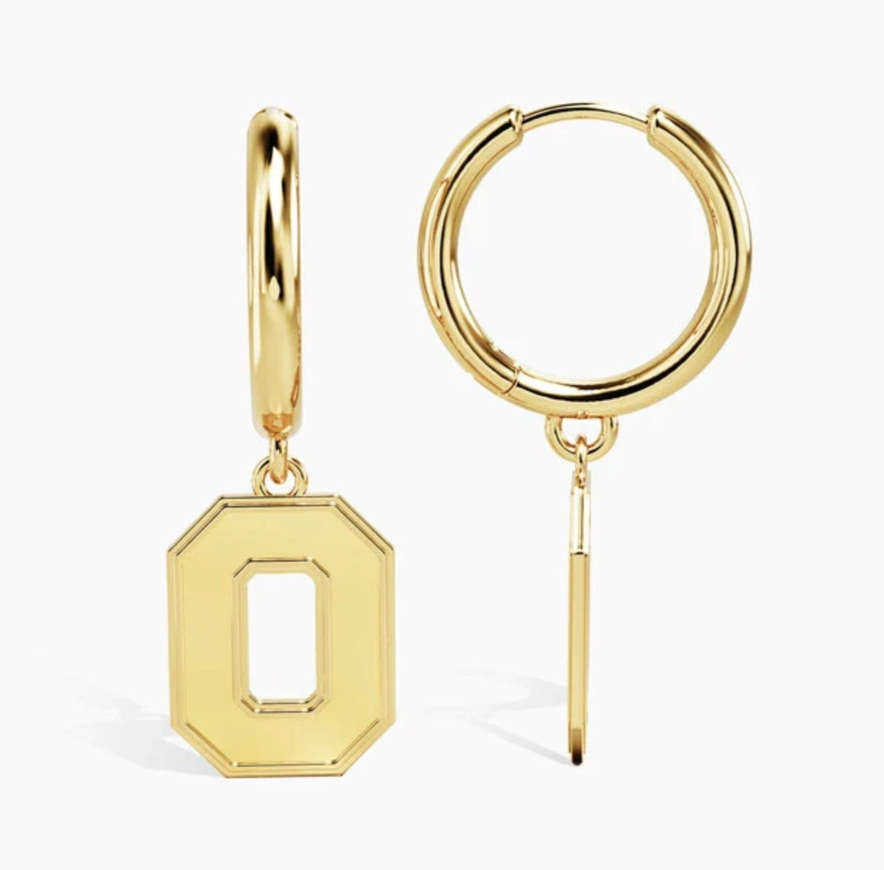 Gold hoop earrings with dangling letter 'O' charms, shown from front and side views on a light gray background.
