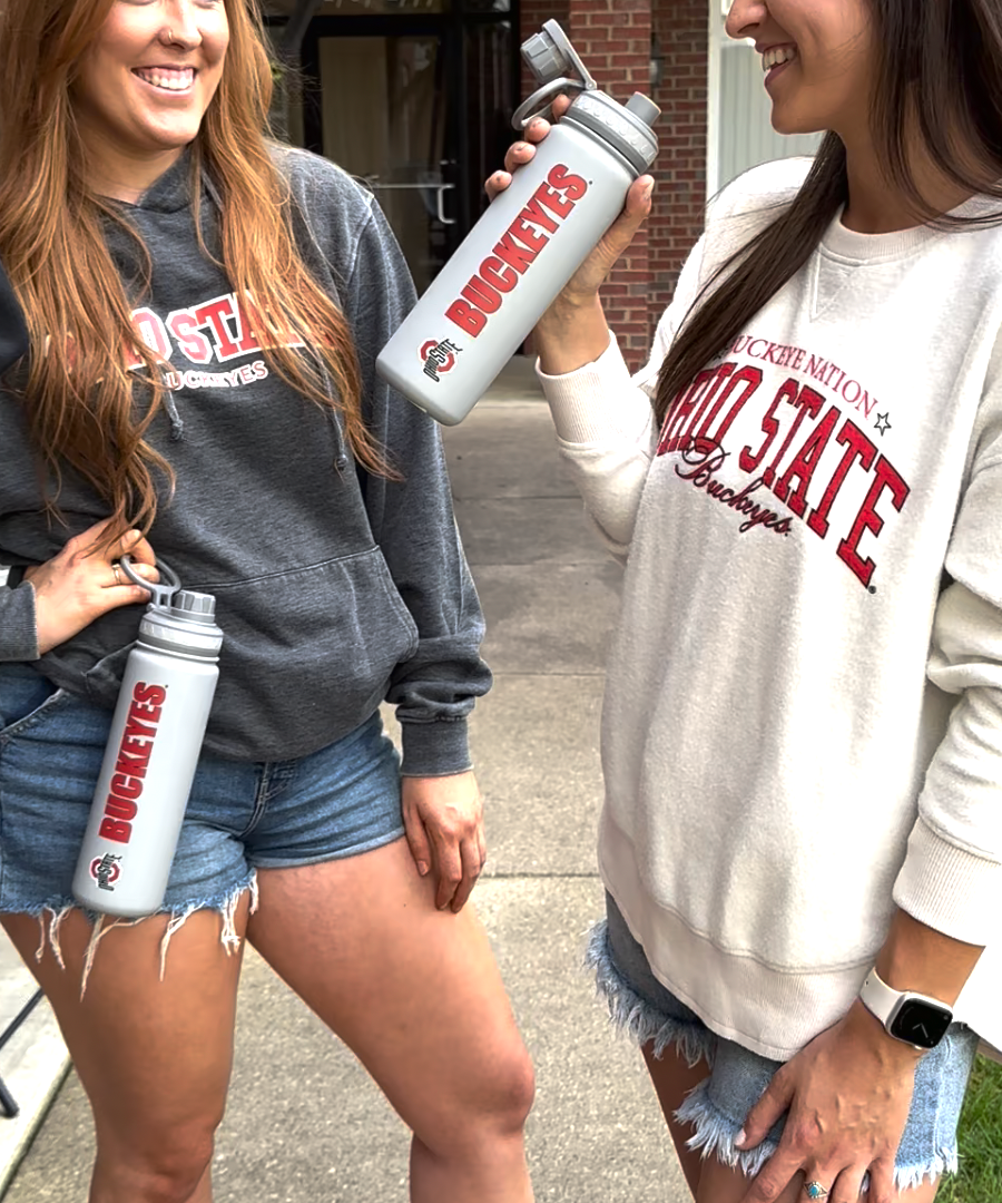 group of buckey fans with Ohio State Grey Water Bottle