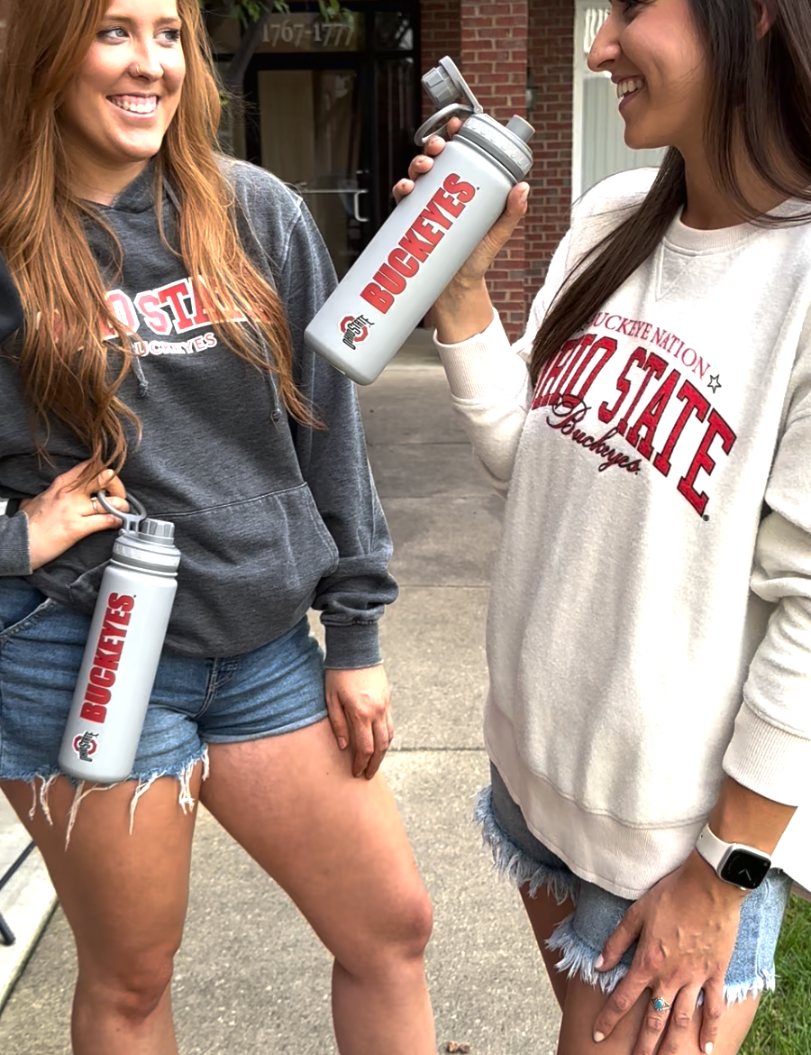 group of buckey fans with Ohio State Grey Water Bottle