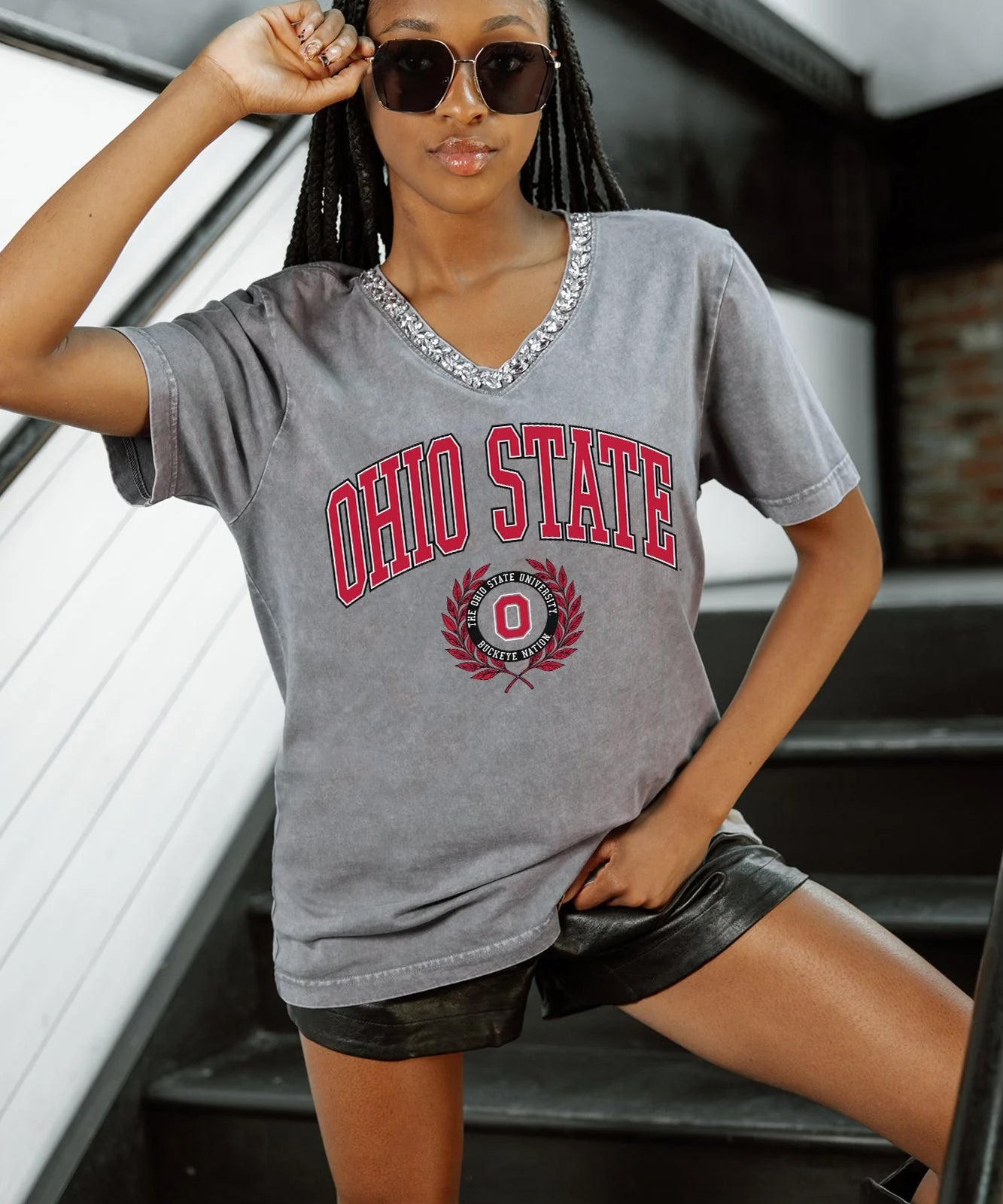 Soft washed cotton Buckeyes V-neck shirt with jeweled trim