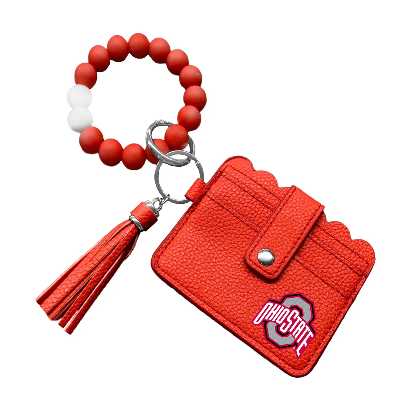 Red keychain with tassel and card holder featuring Ohio State logo on a white background