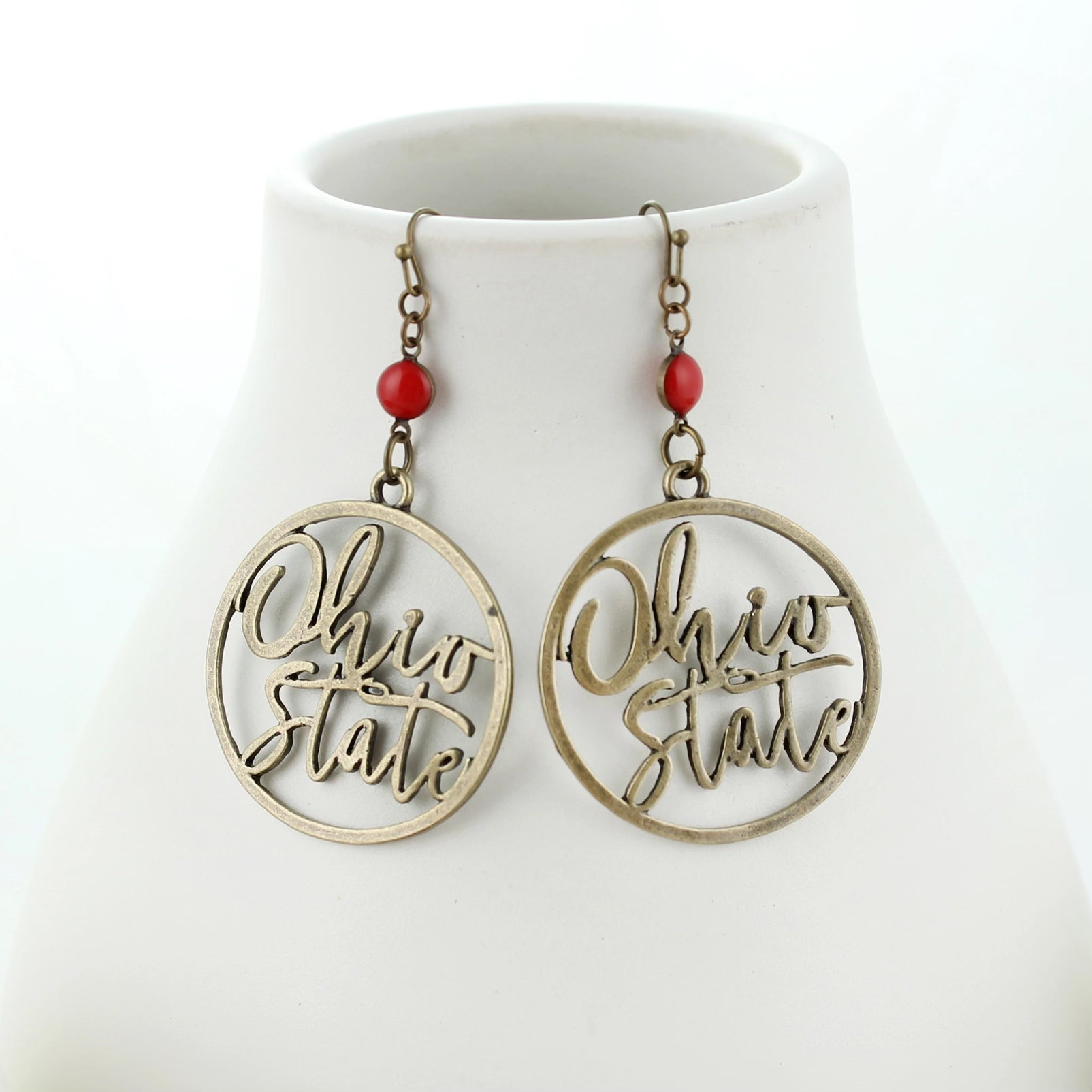Circle Shepherd hook earrings featuring the slogan “Ohio State
