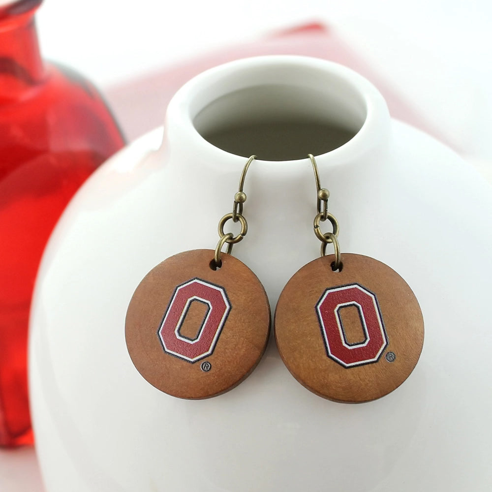 Wood disc Ohio State logo earrings