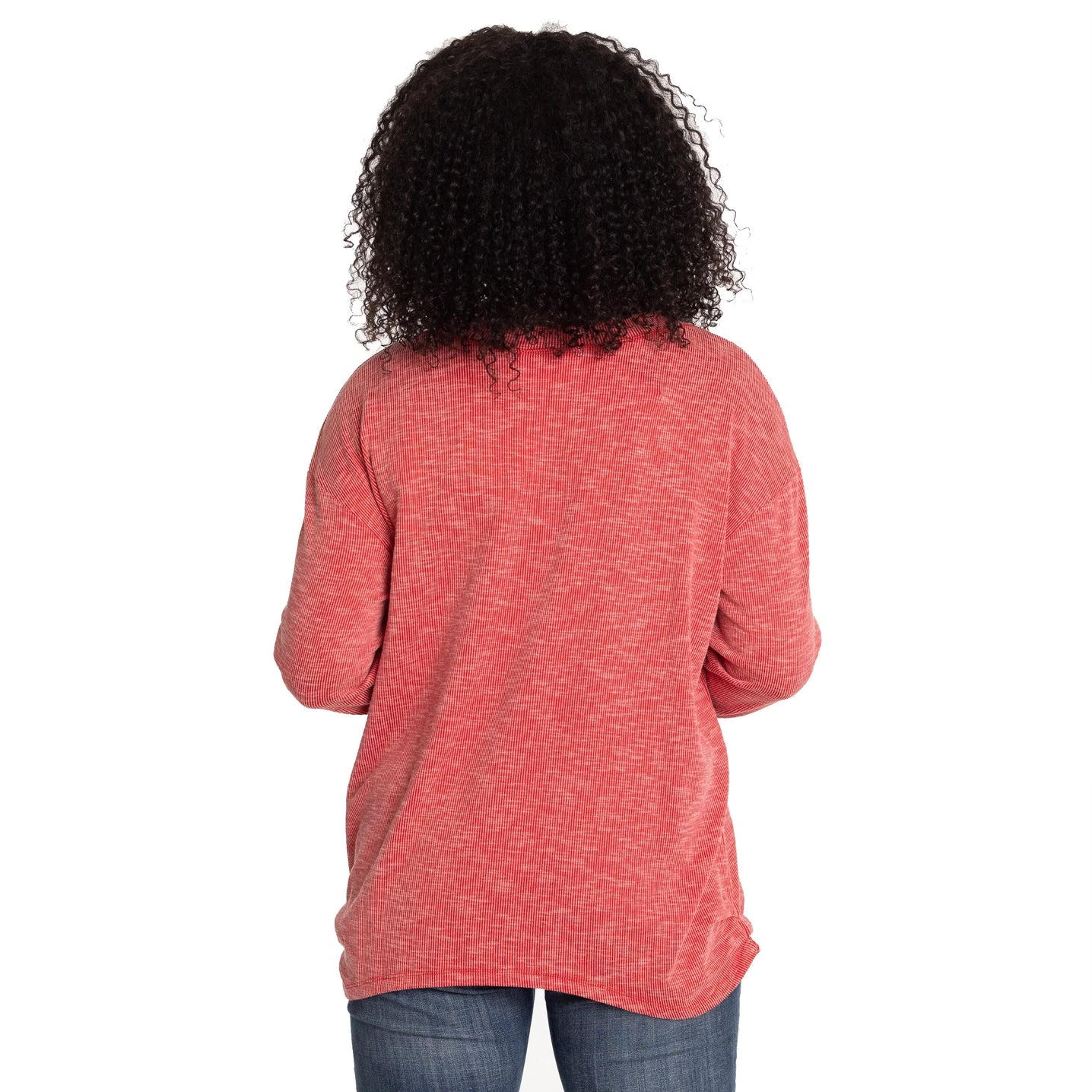 Person wearing a red long-sleeve shirt on a white background