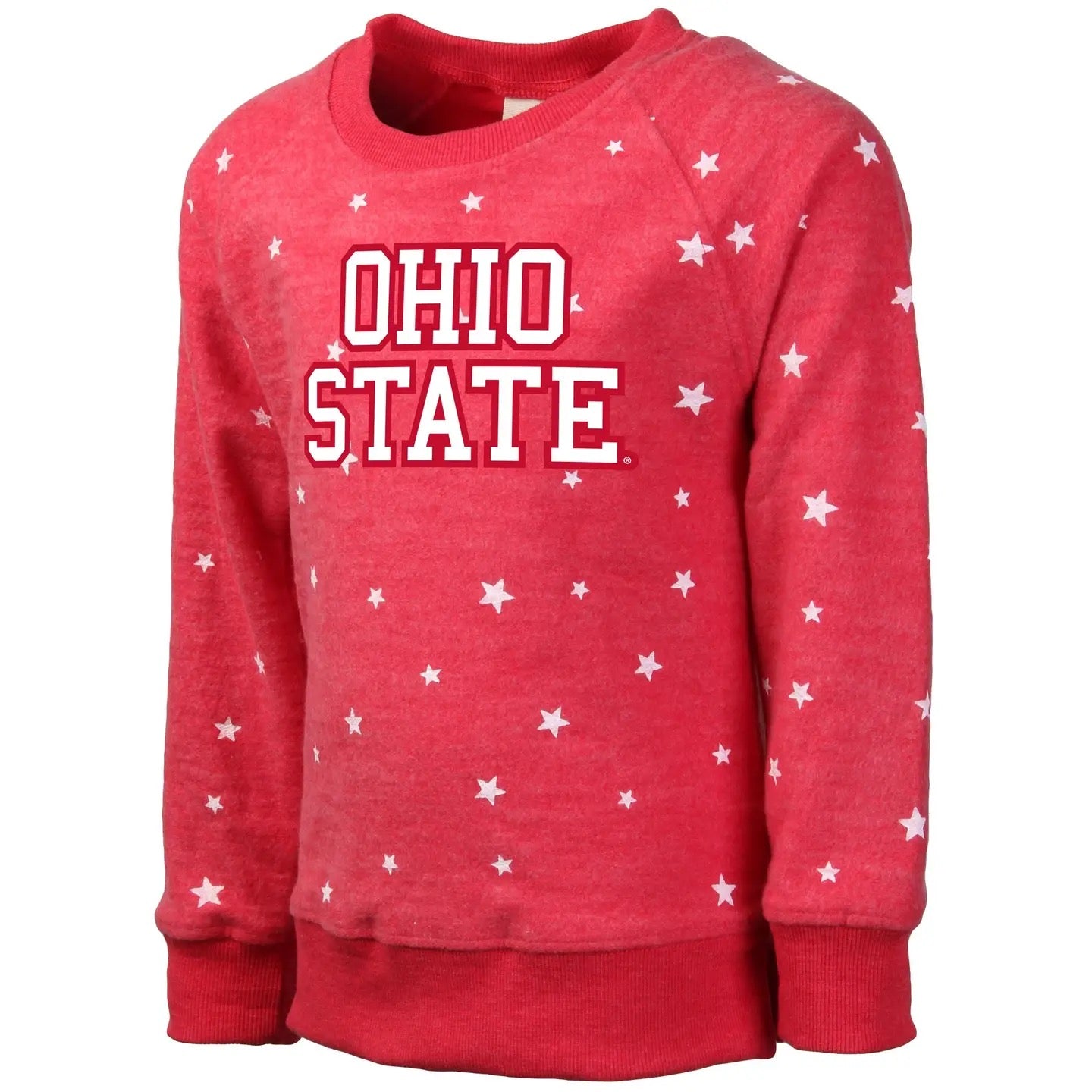 Red sweatshirt with 'OHIO STATE' text and star patterns on a white background