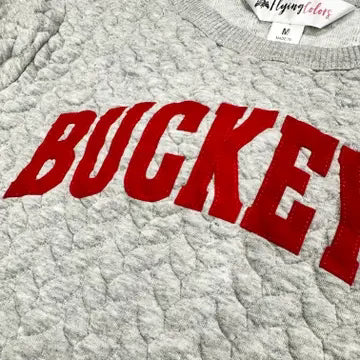 Gray sweatshirt with red 'BUCKET' text on a textured fabric background