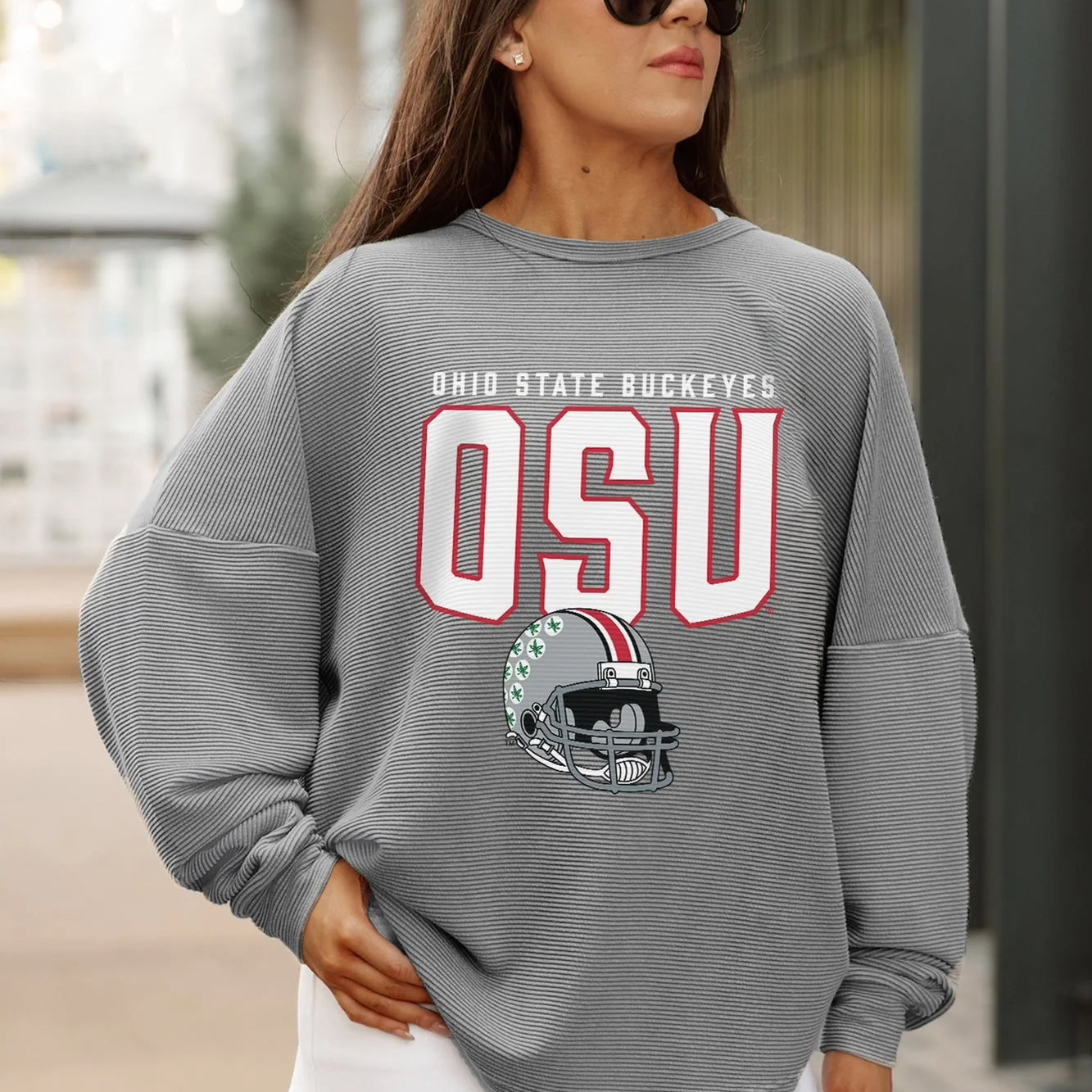 Relaxed drop-shoulder Ohio State sweatshirt textured cotton poly