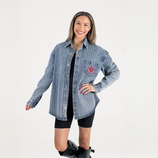 Rhinestone-detailed Ohio State overshirt with washed blue denim finish