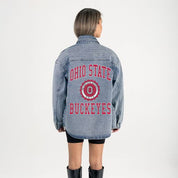 Oversized Buckeye blue denim shirt with sparkle and front pockets