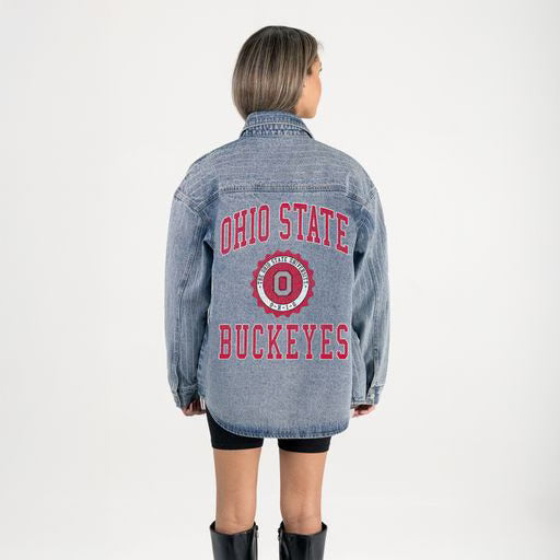 Oversized Buckeye blue denim shirt with sparkle and front pockets