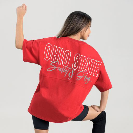 Relaxed game day tee in scarlet red with authentic leather Buckeye patch