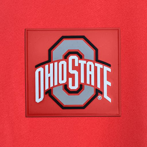 OHIO STATE BUCKEYE OVERSIZED CURVED HEM BOYFRIEND TEE WITH LEATHER PATCH – RED