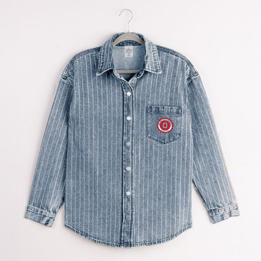Stylish Ohio State micro-rhinestone overshirt in classic blue denim