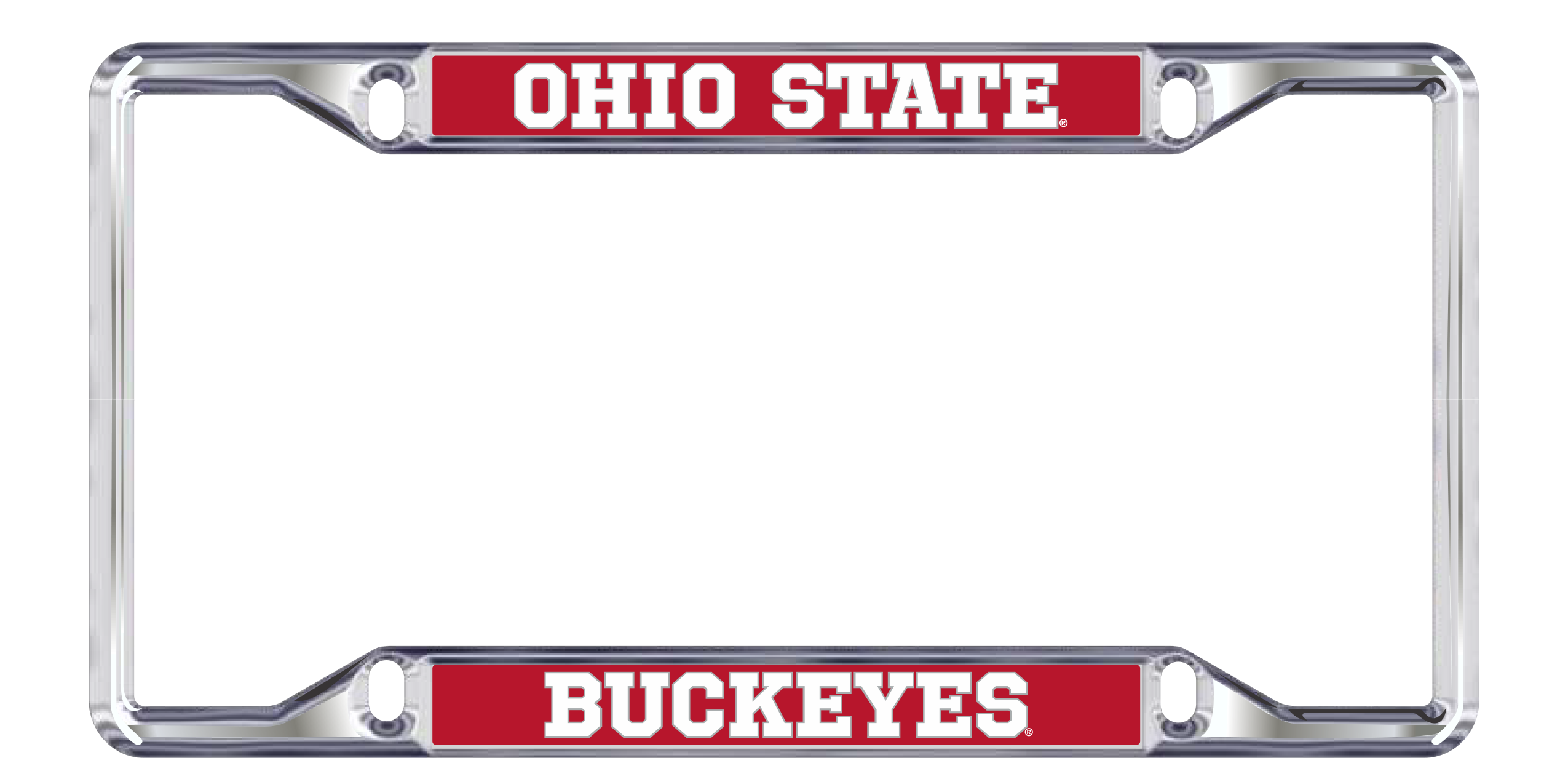 Metallic license plate frame with 'Ohio State Buckeyes' text on a white background