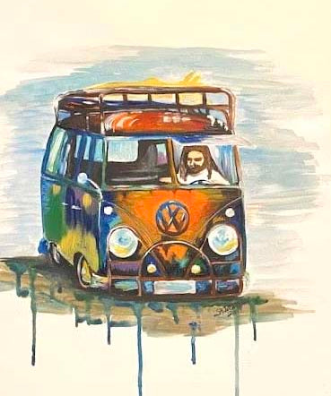 watercolor, rainbow colors, VW van