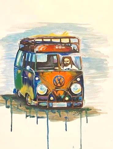 watercolor, rainbow colors, VW van