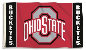 huge ohio state buckeyes flag, ohio state logo and buckeyes written on left and right of logo
