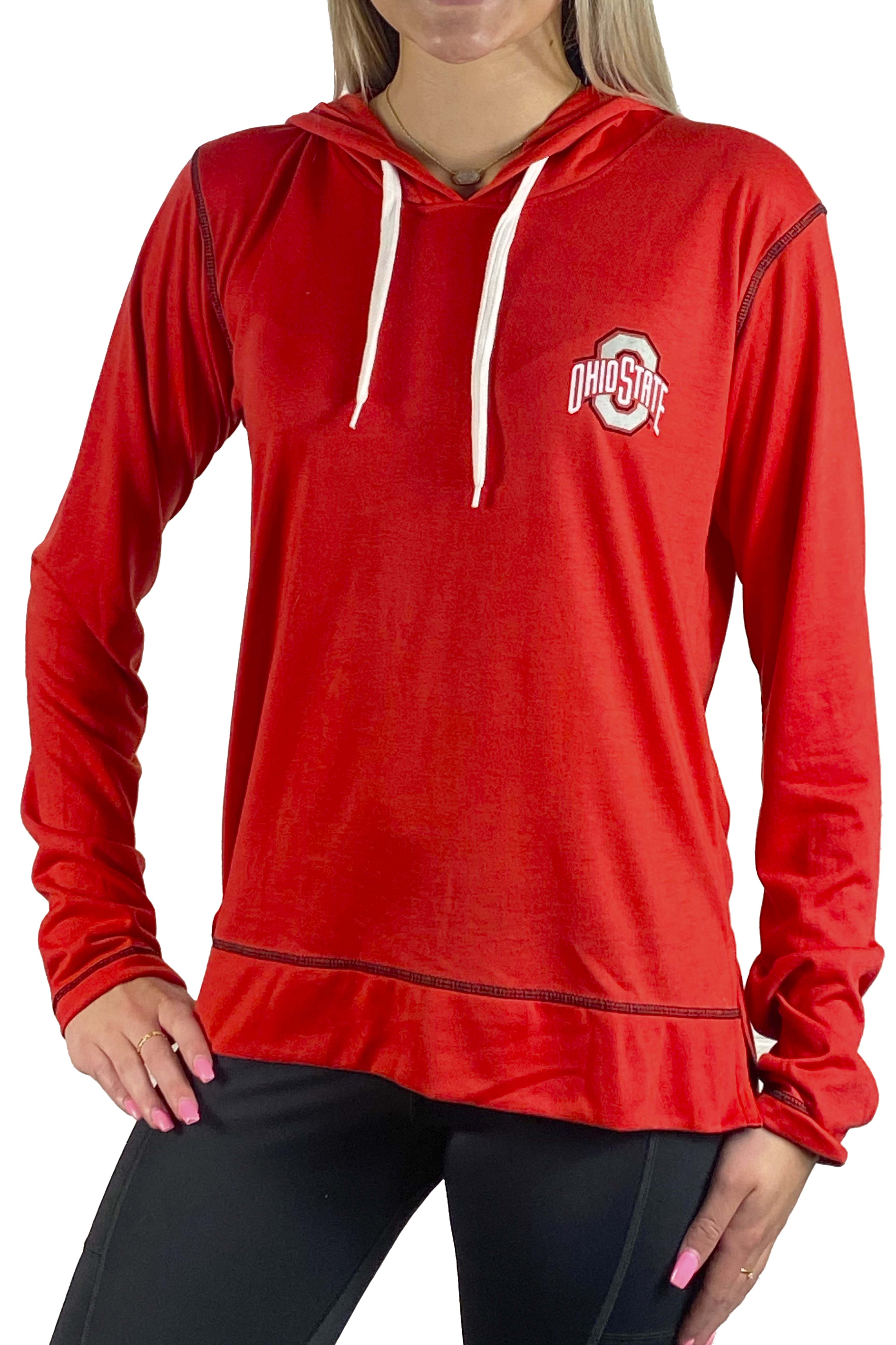 drawstring red hoodie pullover with white drawstrings.