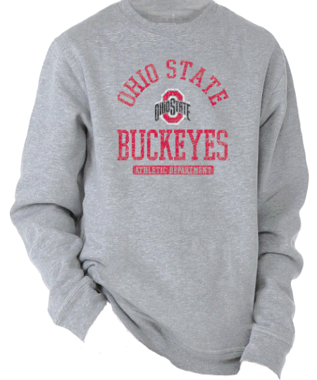 Gray Sweatshirt with Ohio State text and logo with BUCKEYES large text.Athletic department appears below.