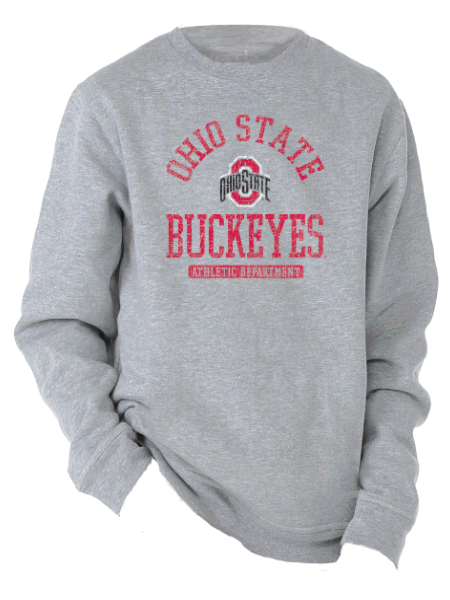 Gray Sweatshirt with Ohio State text and logo with BUCKEYES large text.Athletic department appears below.