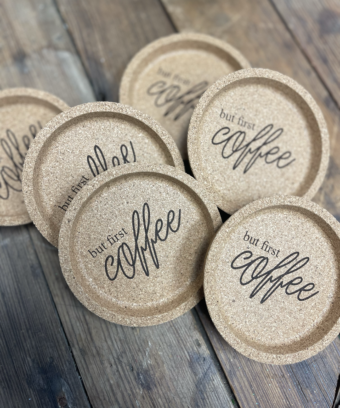 "BUT FIRST COFFEE" CORK COASTERS