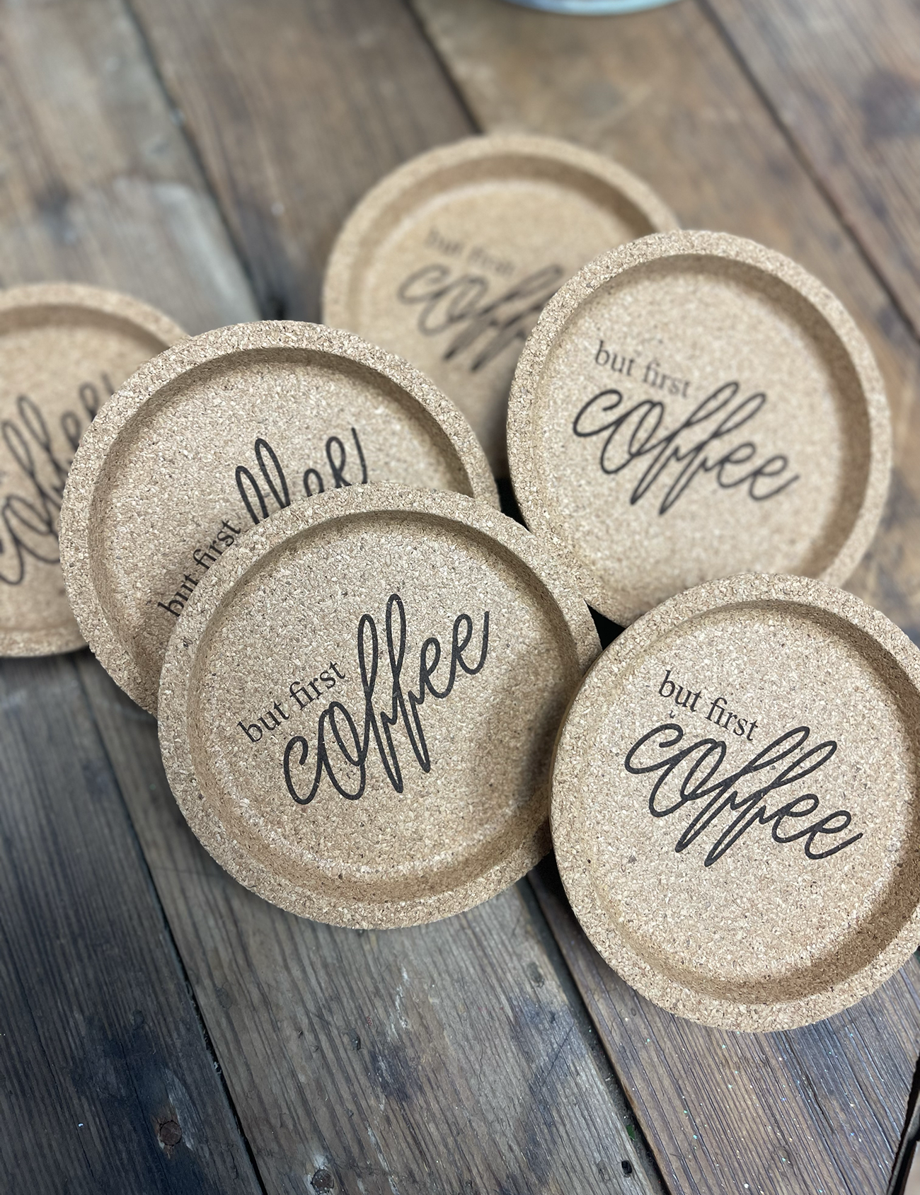 "BUT FIRST COFFEE" CORK COASTERS