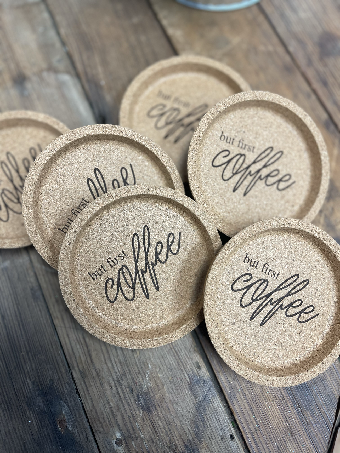 "BUT FIRST COFFEE" CORK COASTERS