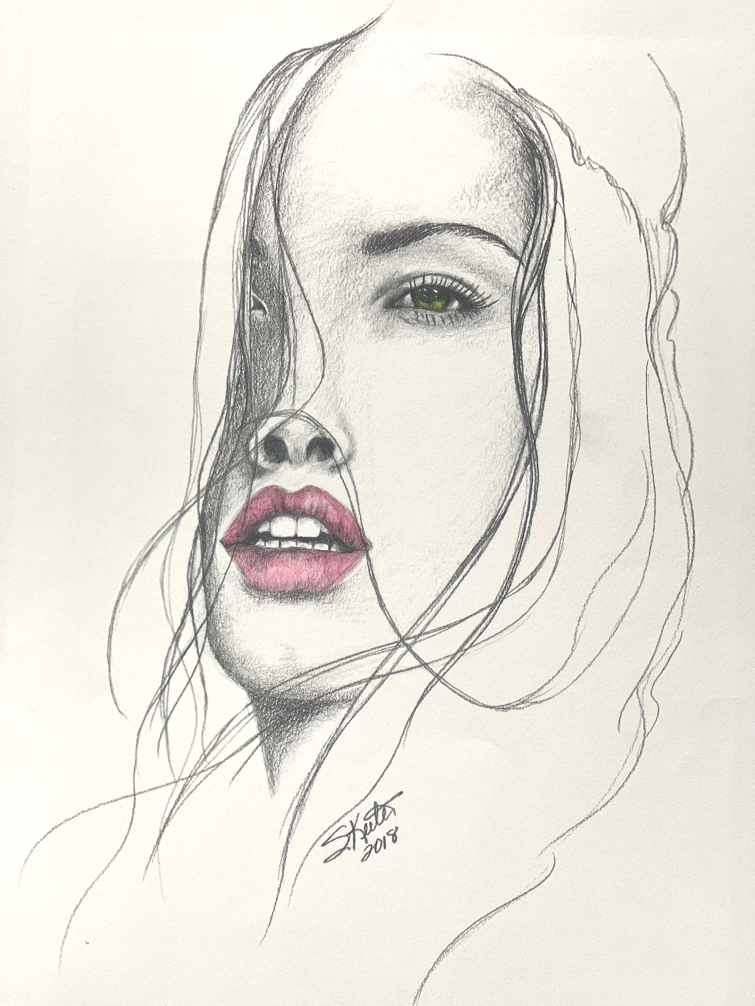 PENCIL PRINT/COLORED PENCIL, YOUNG WOMAN WITH FARAWAY LOOK