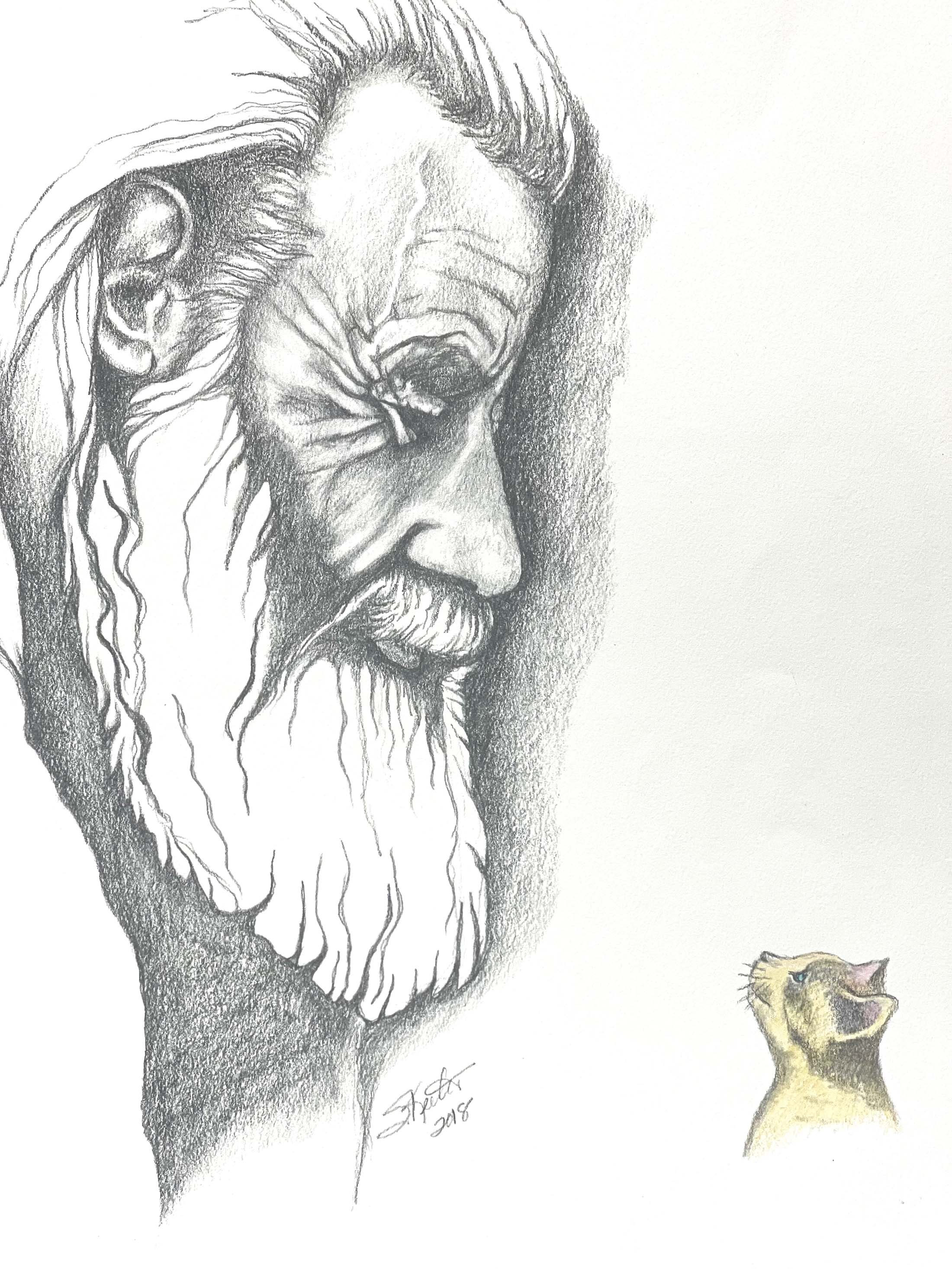 PENCIL PRINT/COLORED PENCIL, OLD TIMER AND SMALL KITTEN COMPANION