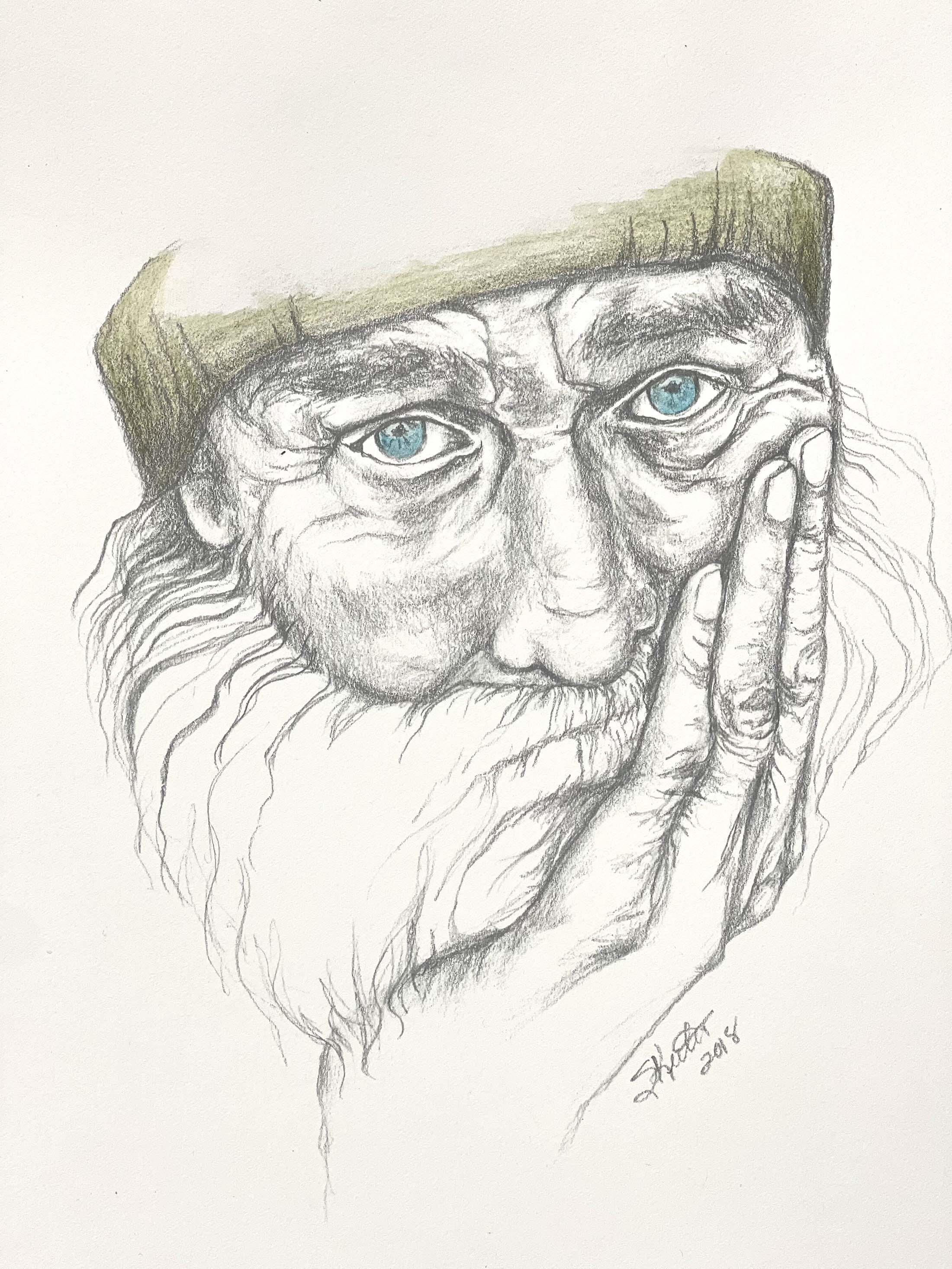 COLORED PENCIL, OLD MAN WITH WRINKLES AND A STORY