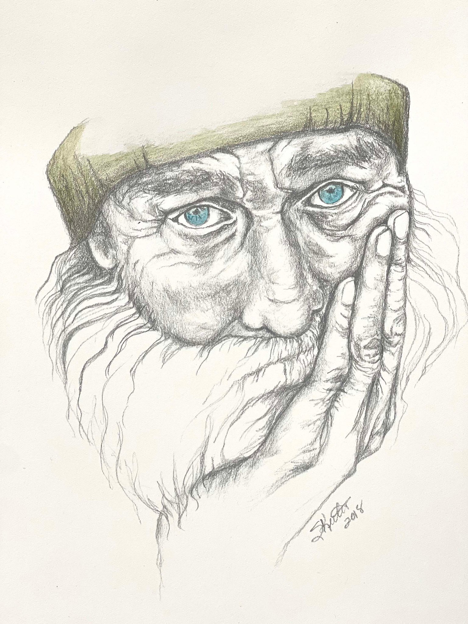PENCIL PRINT/COLORED PENCIL, OLD MAN WITH WRINKLES AND A STORY