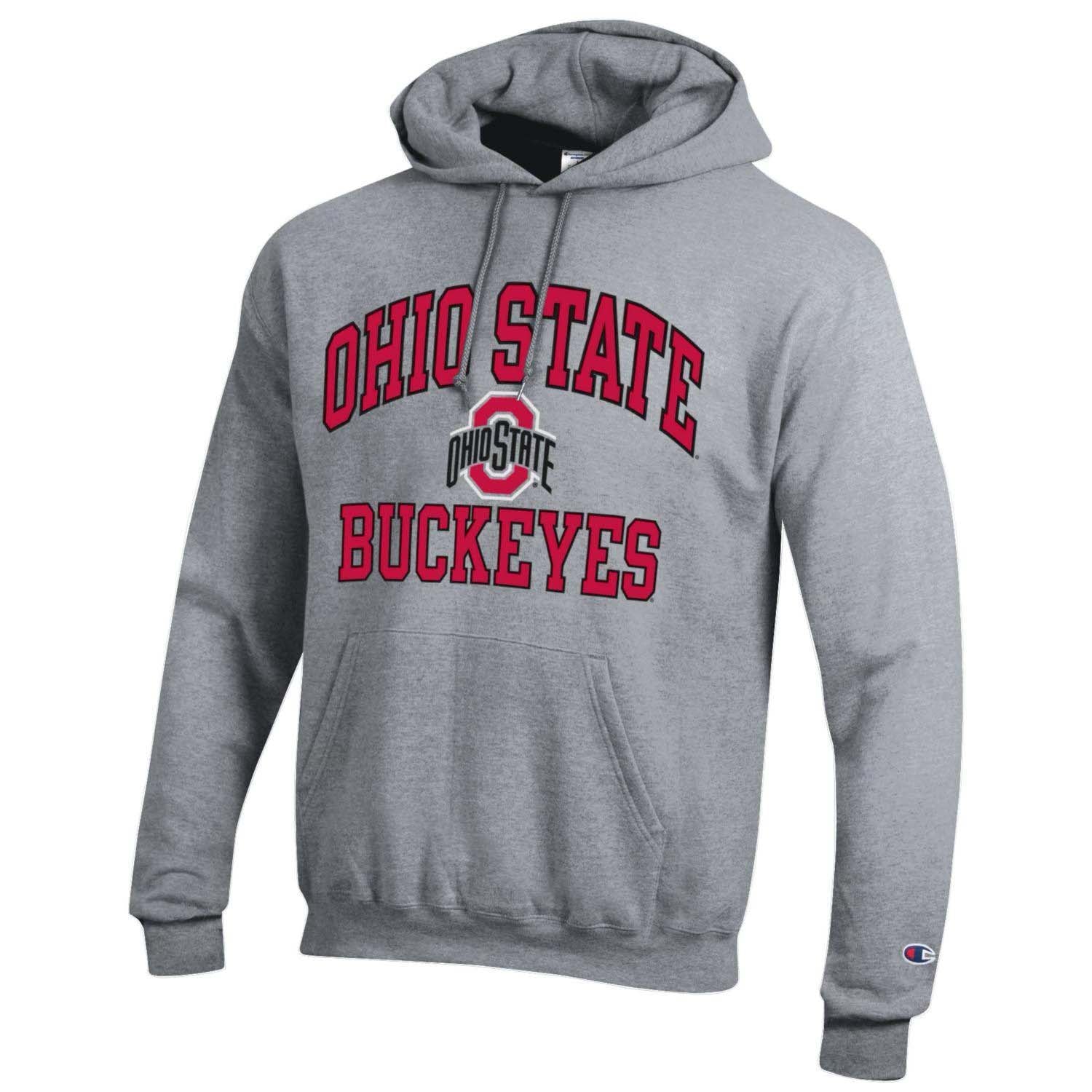 Ohio State Buckeyes, Champion, Powerblend, Fleece Hoodie, Scarlet, Heather Gray, Cotton, Polyester, Athletic Logo, NCAA.