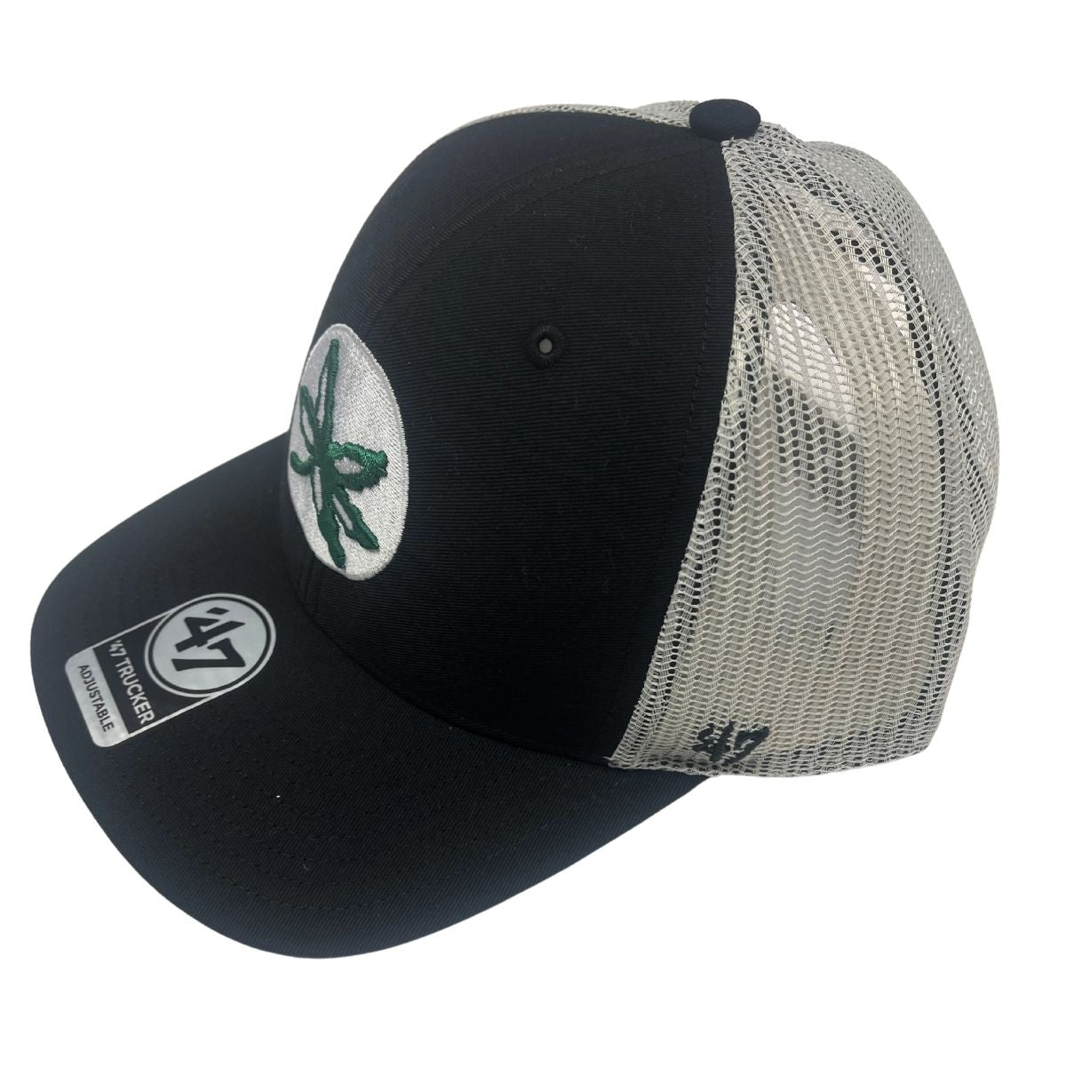 side view of black trucker with gray mesh with buckeye logo on front