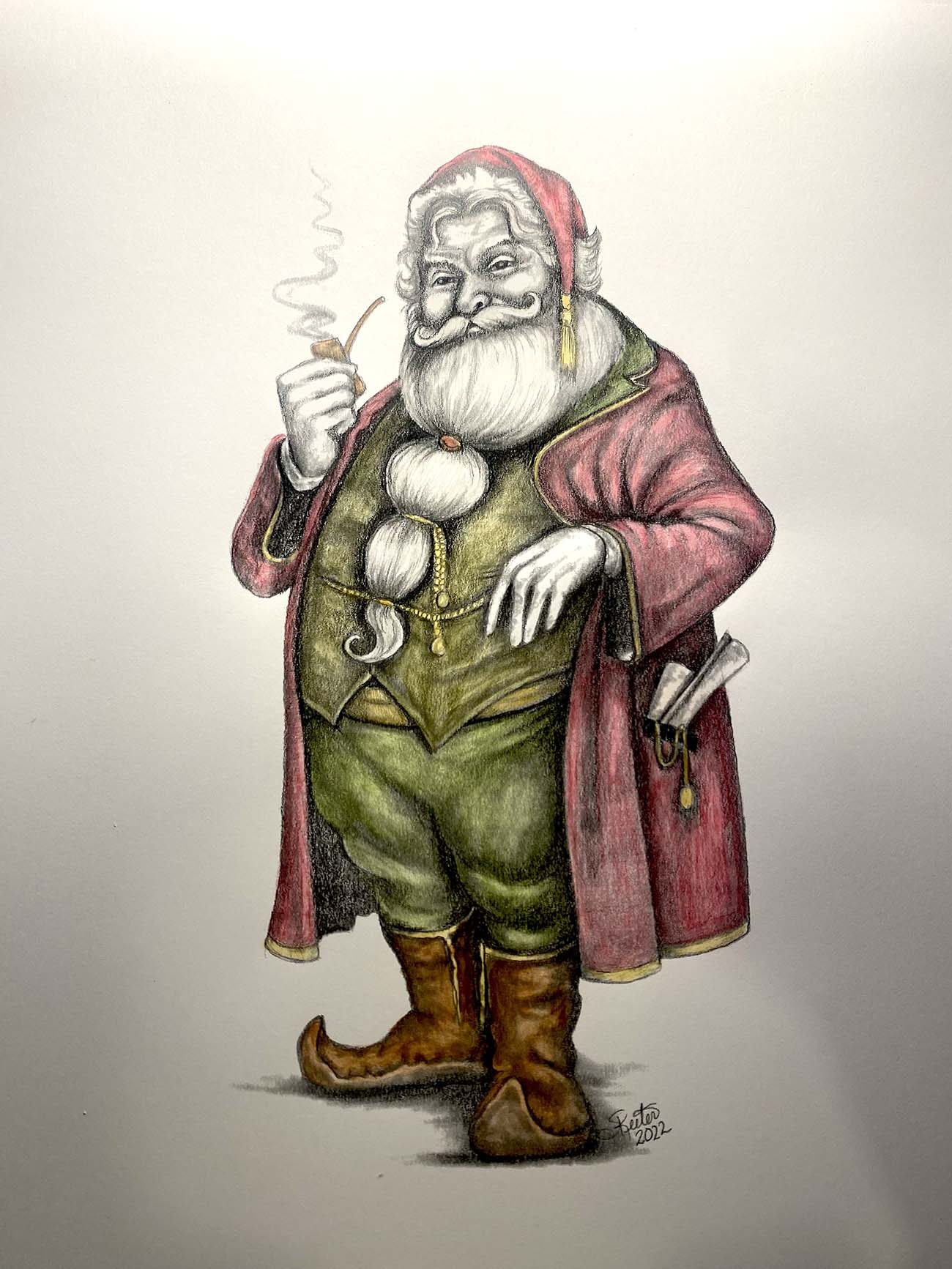 Colored pencil Santa with a Pipe