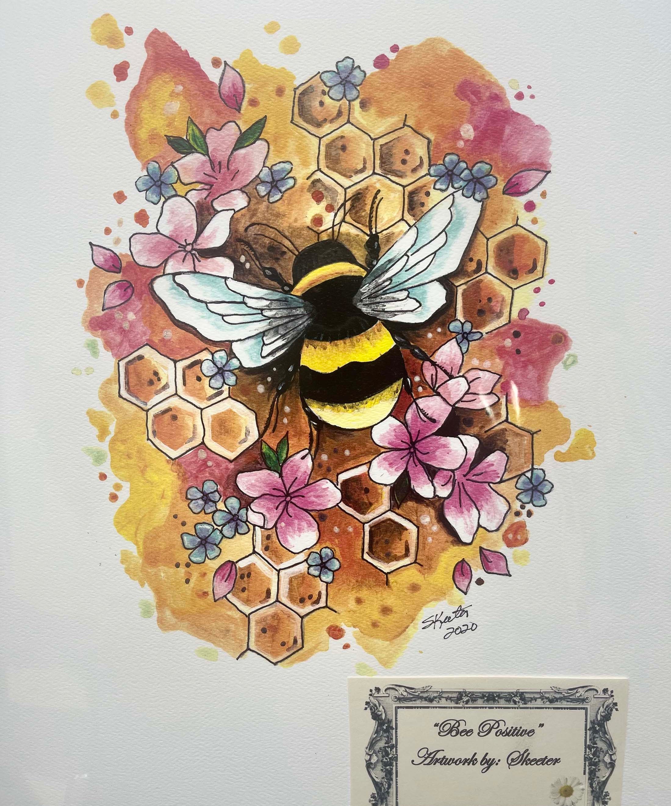 watercolor painting, bubblebee on honeycomb, flowers
