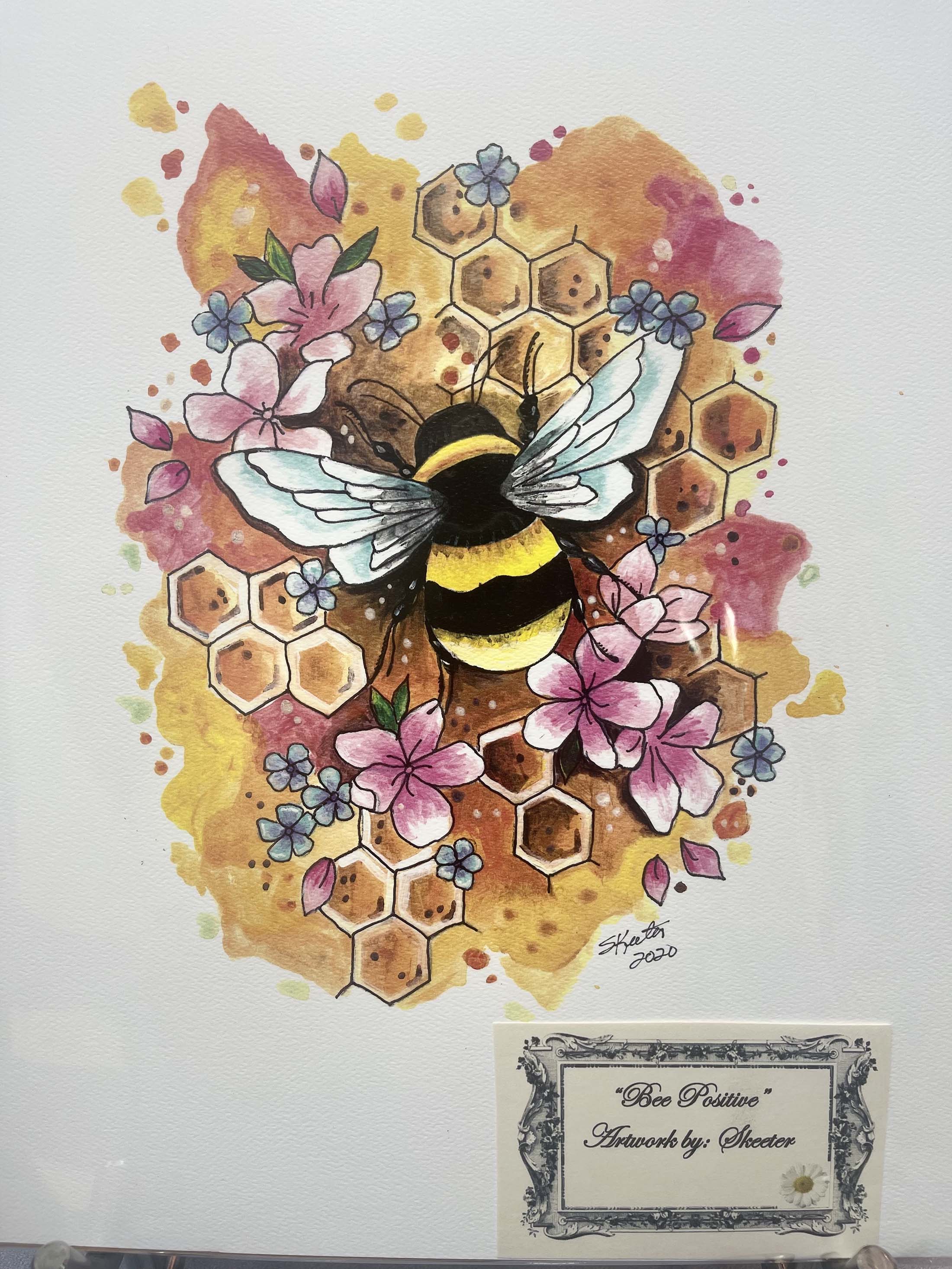 watercolor painting, bubblebee on honeycomb, flowers