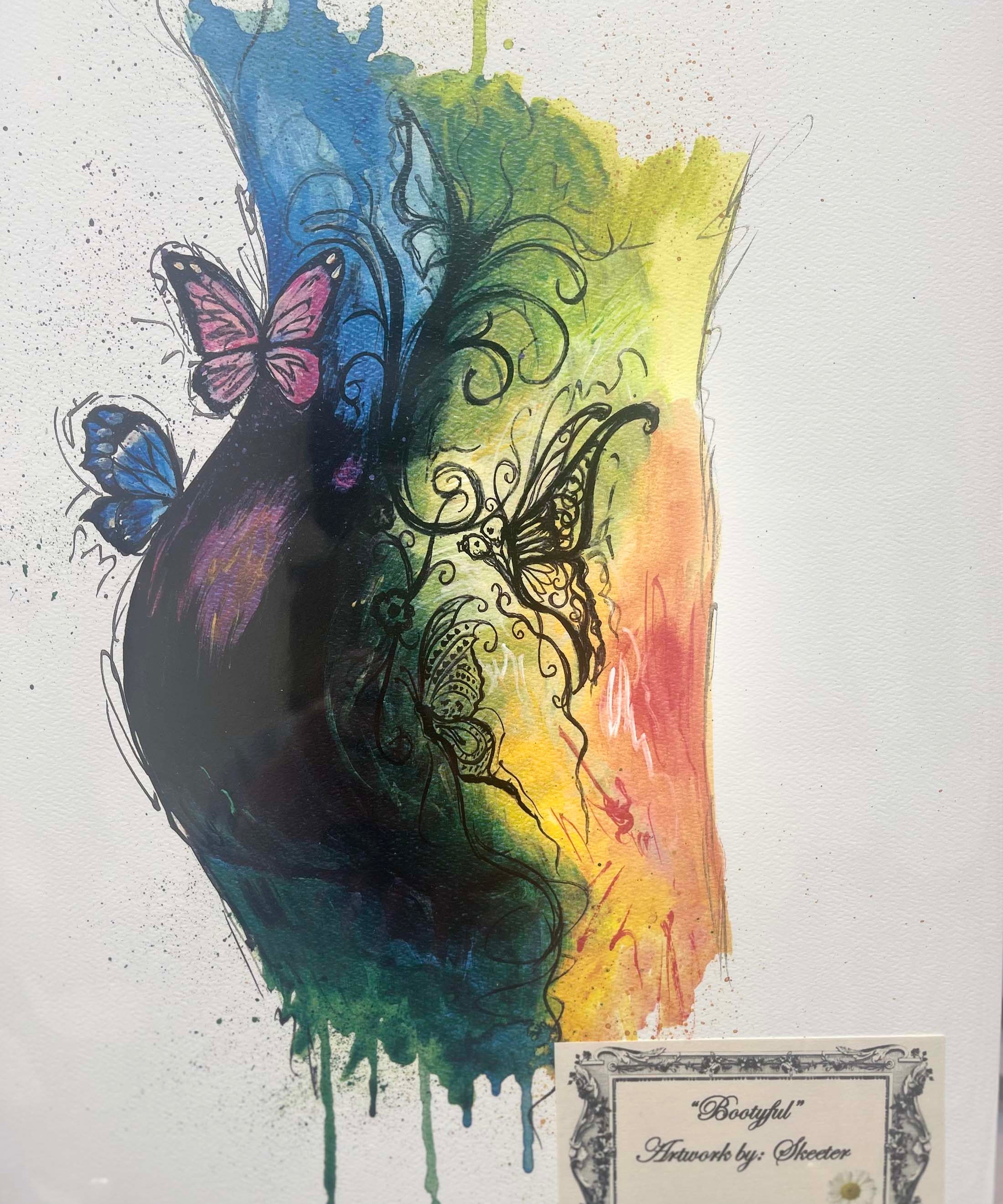 watercolor, butt, butterflies, rainbow colors