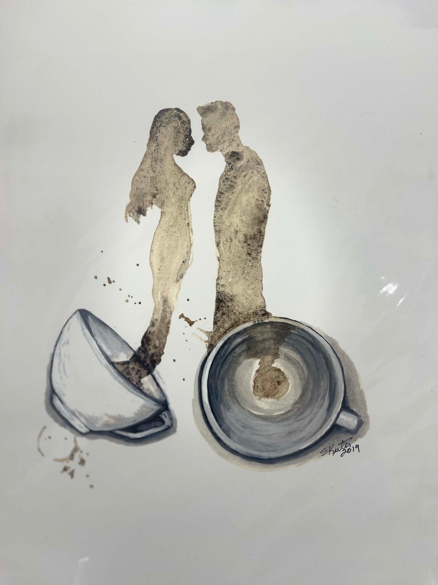 watercolor, couple about to kiss, coffee cups spill to form color