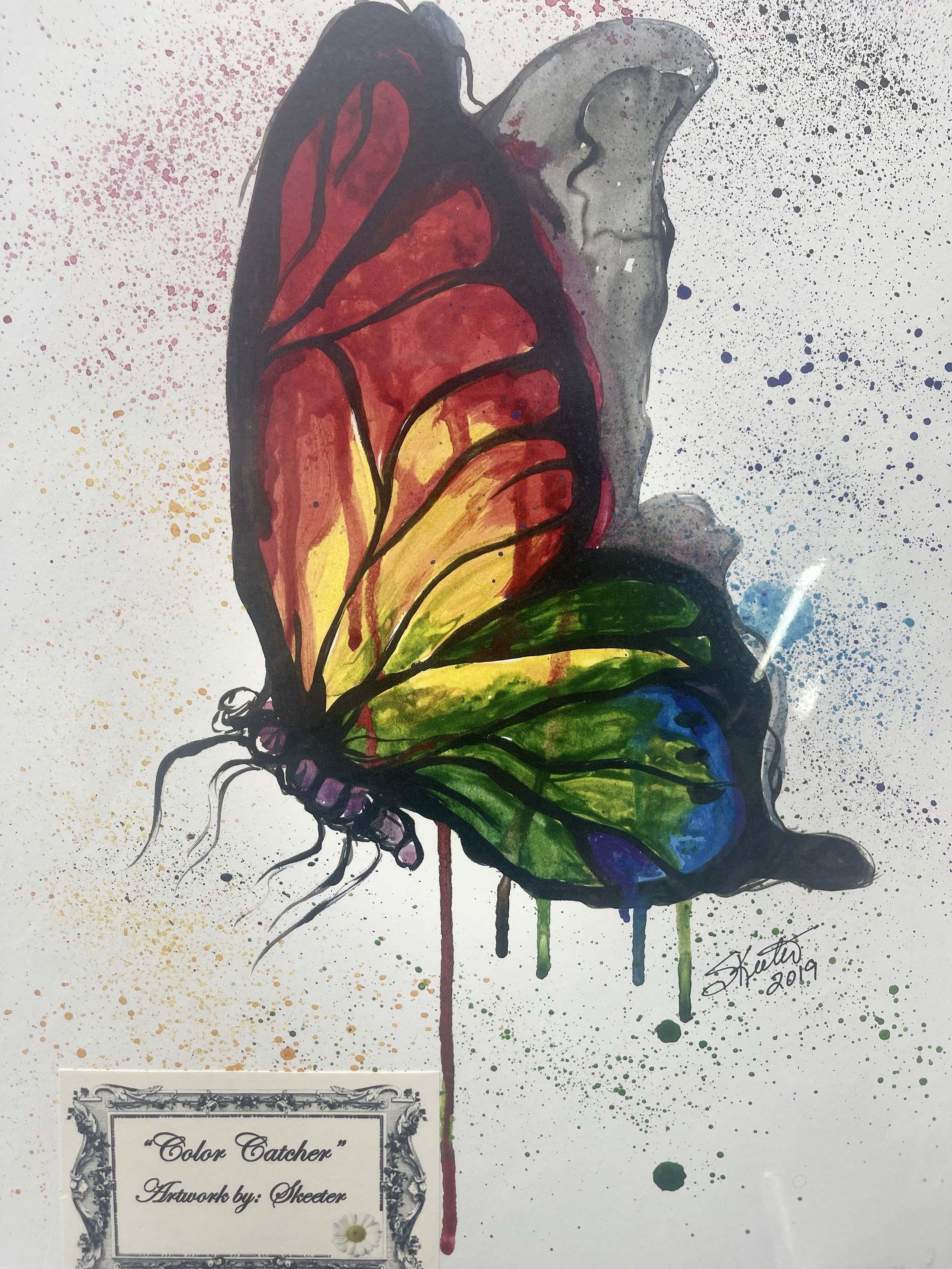 watercolor, butterfly, rainbow colors, splatter art style