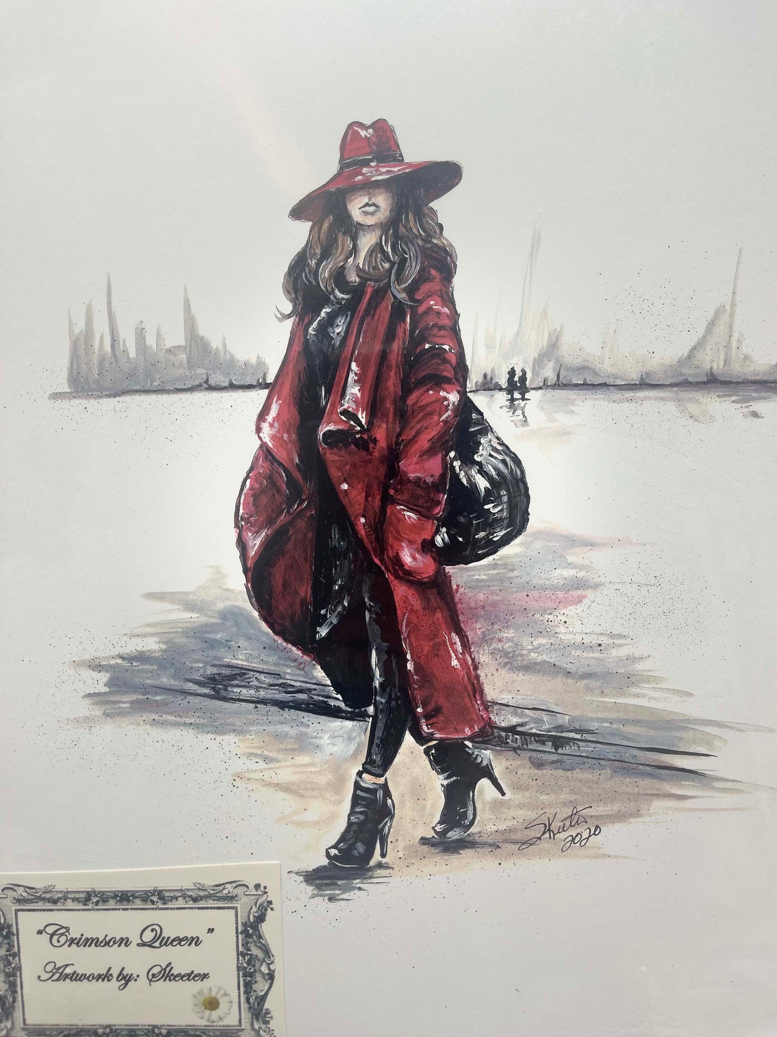 watercolor, women wearing red coat with hat to match, winter scene, black pants, black high heel ankle boots, black handbag over shoulder