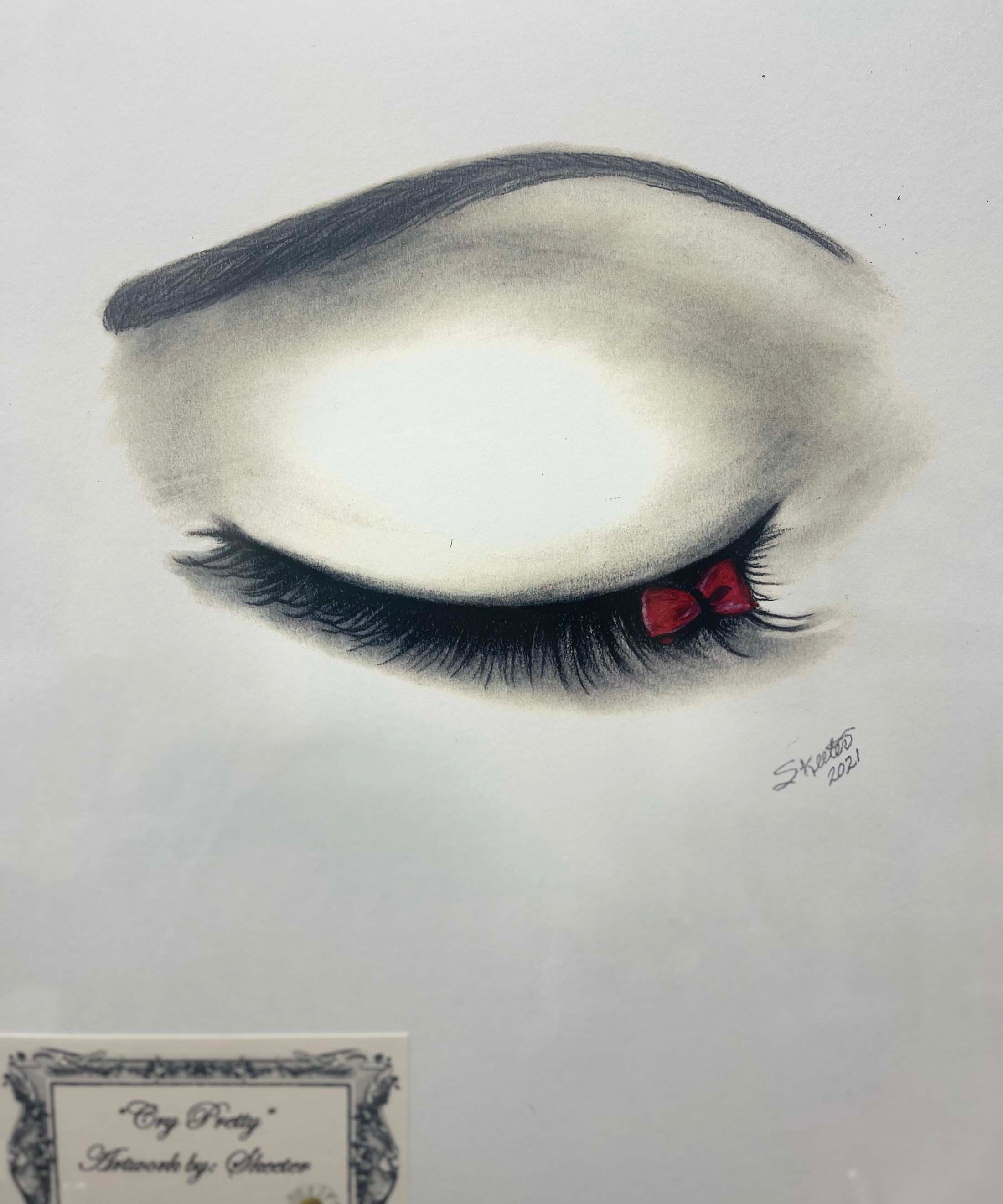 watercolor, eye with bow on tip of eyelash