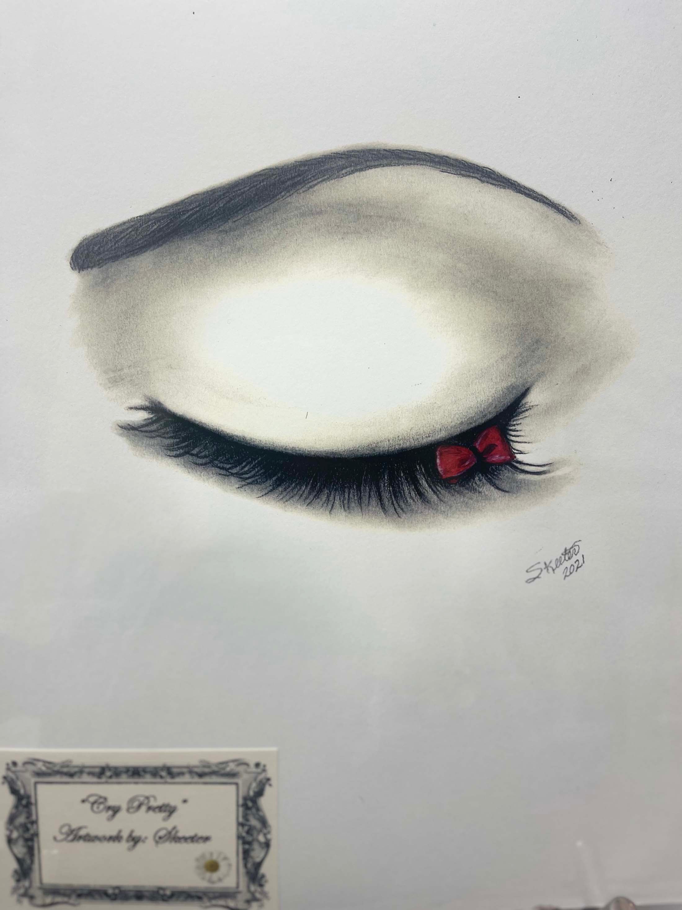 watercolor, eye with bow on tip of eyelash