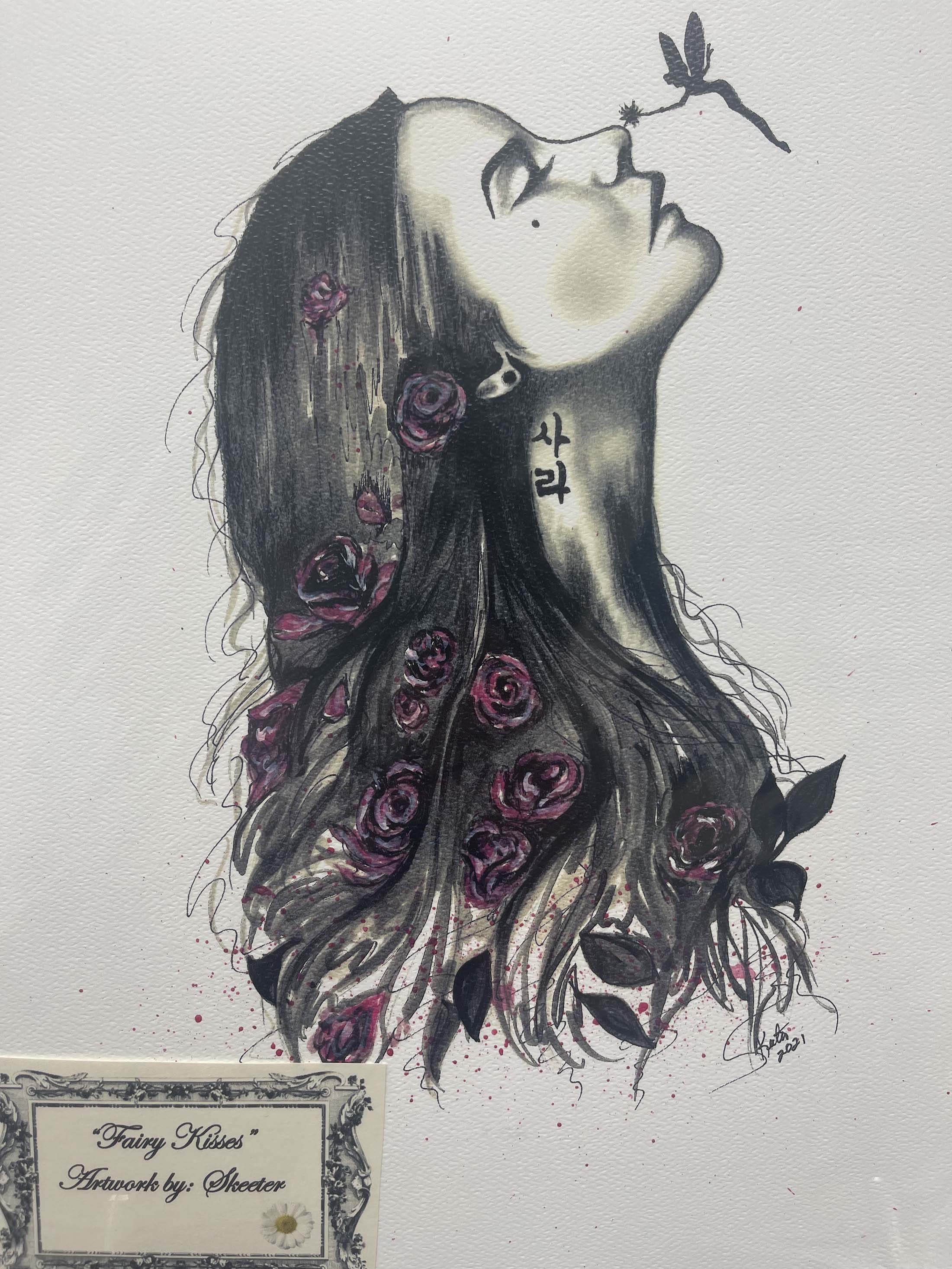 watercolor, women with long black hair, red roses in hair, tinkerbell on tip of her nose