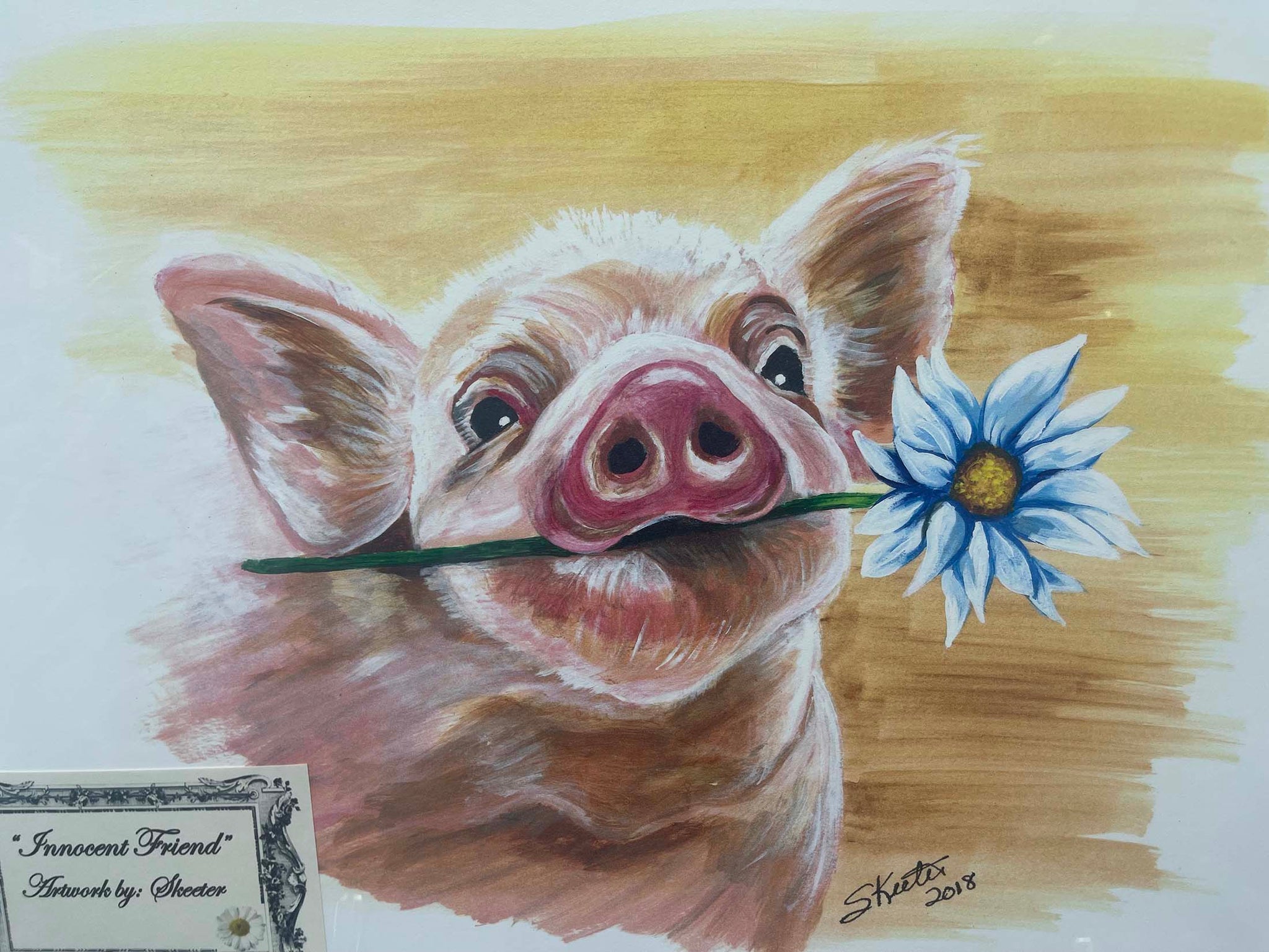 watercolor, pig holding flower in teeth