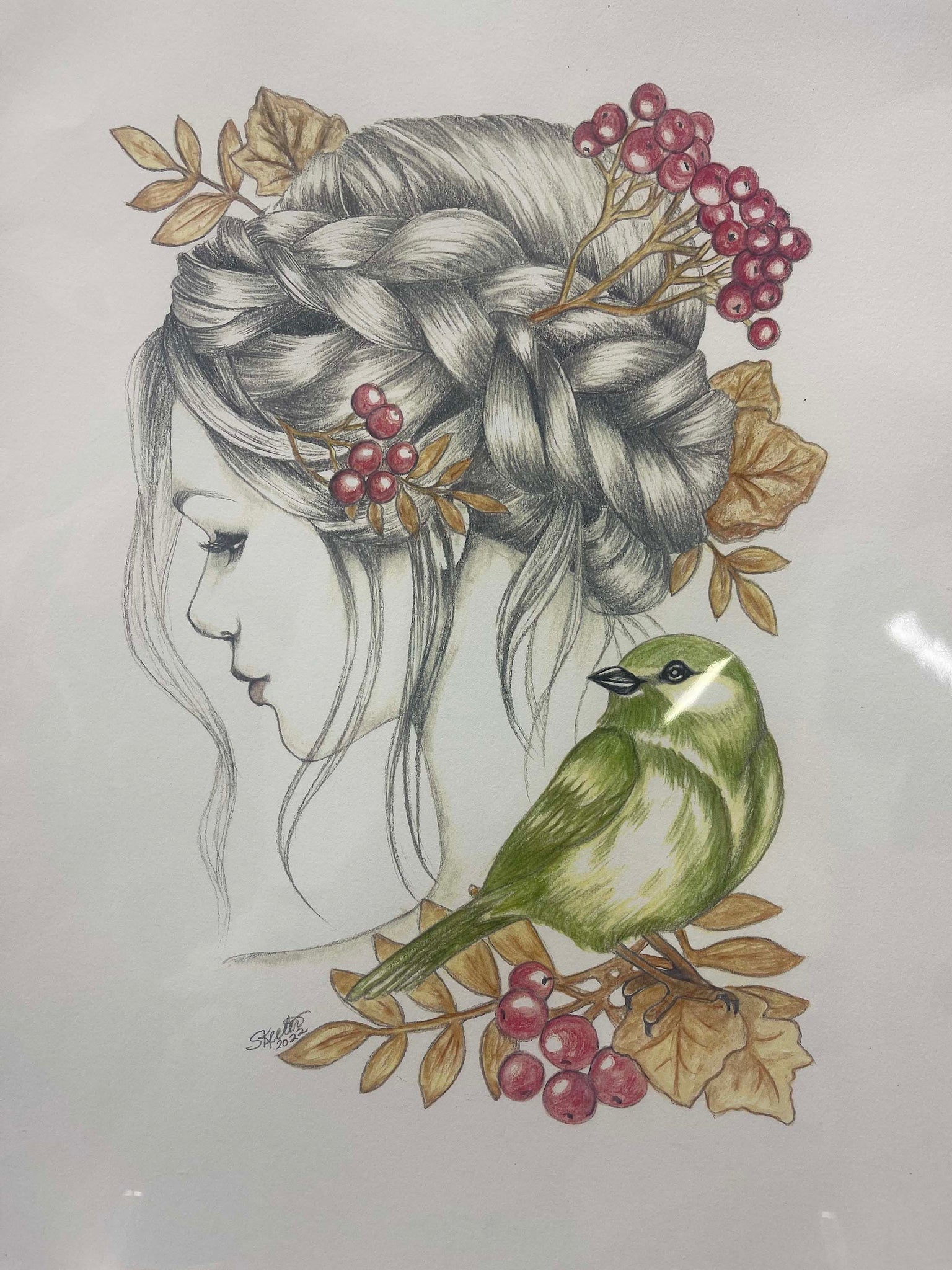 watercolor, women with berries in hair, bird on shoulder
