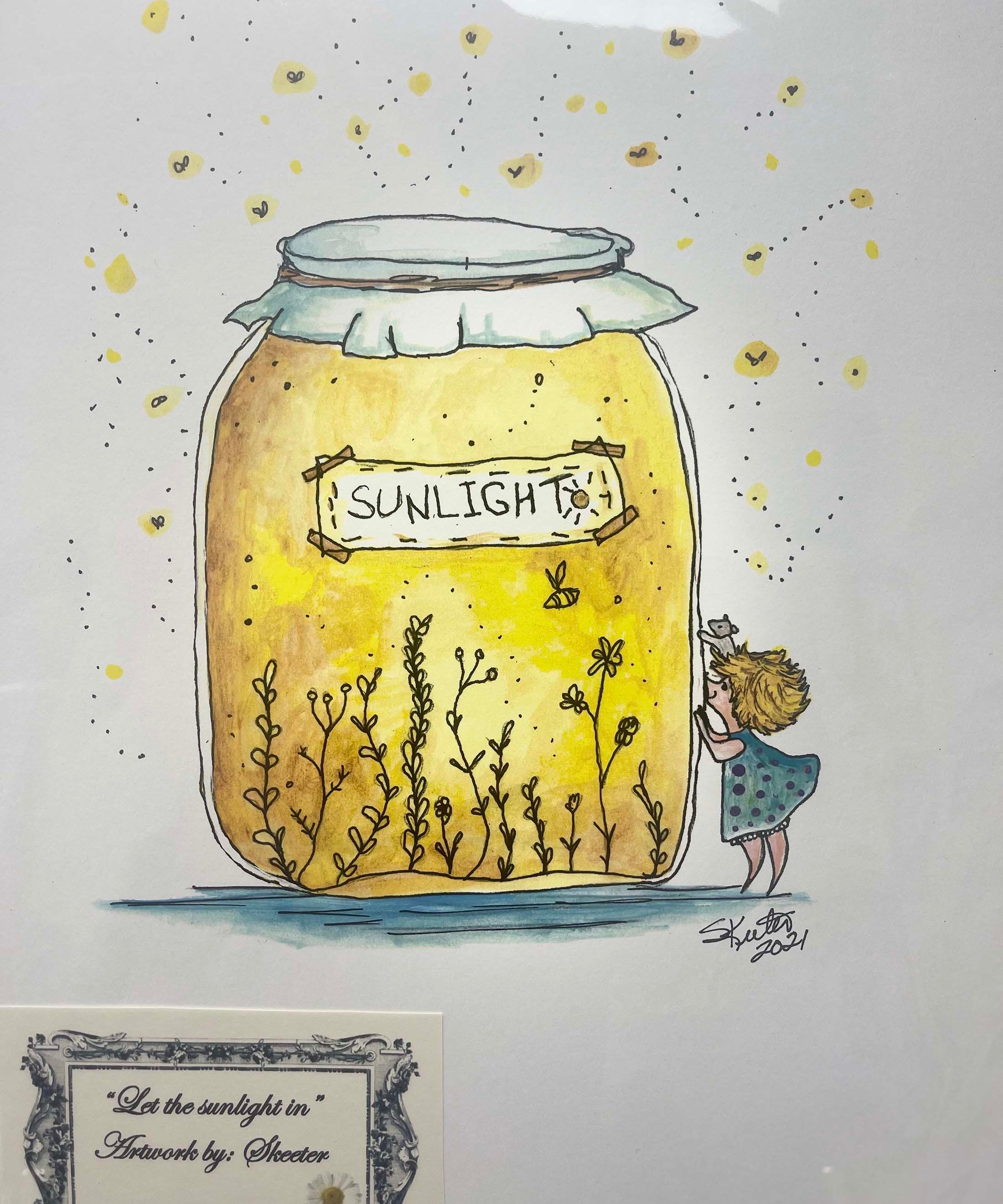 watercolor, jar, sunlight in jar with little girl looking in