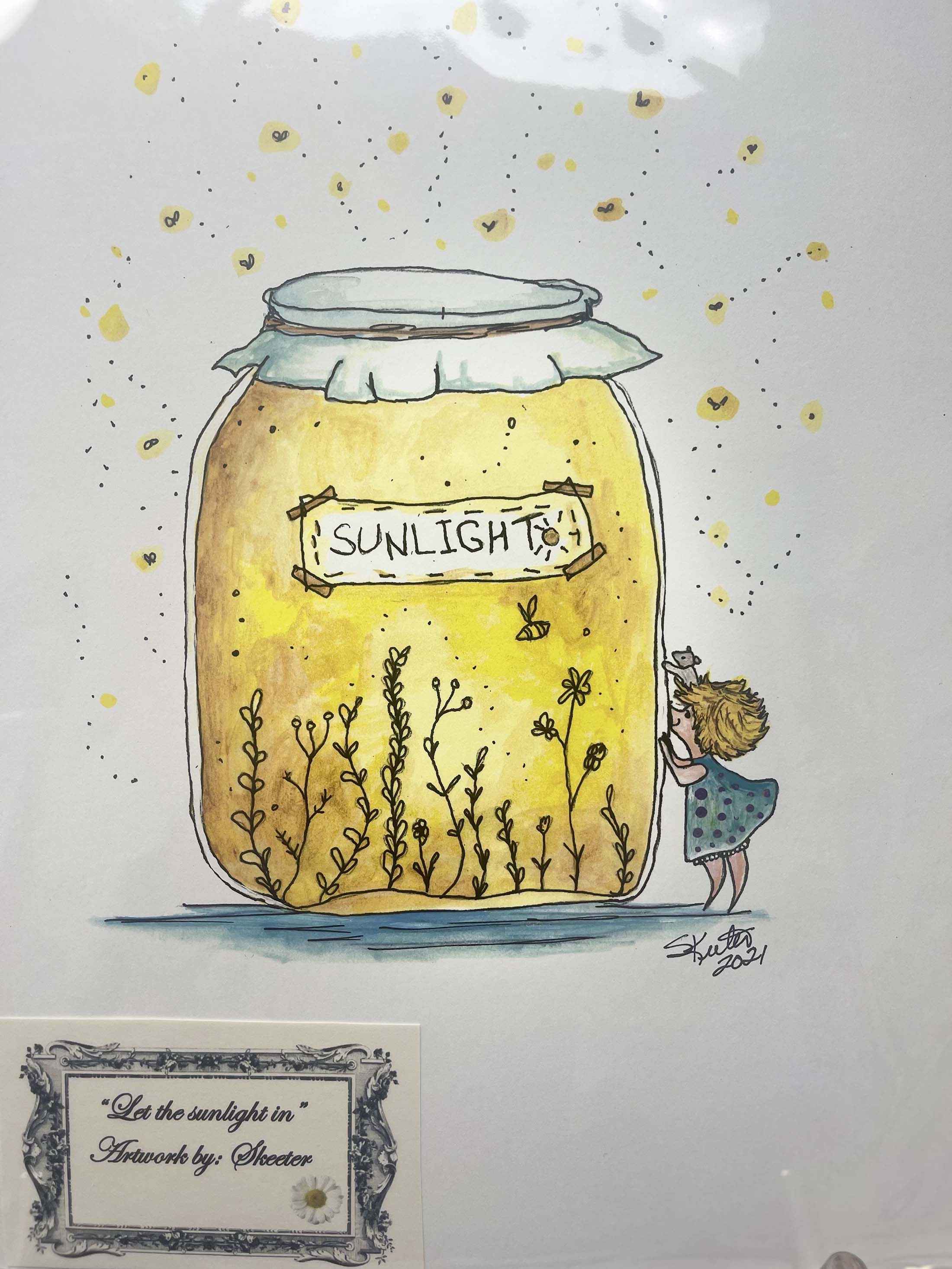 watercolor, jar, sunlight in jar with little girl looking in