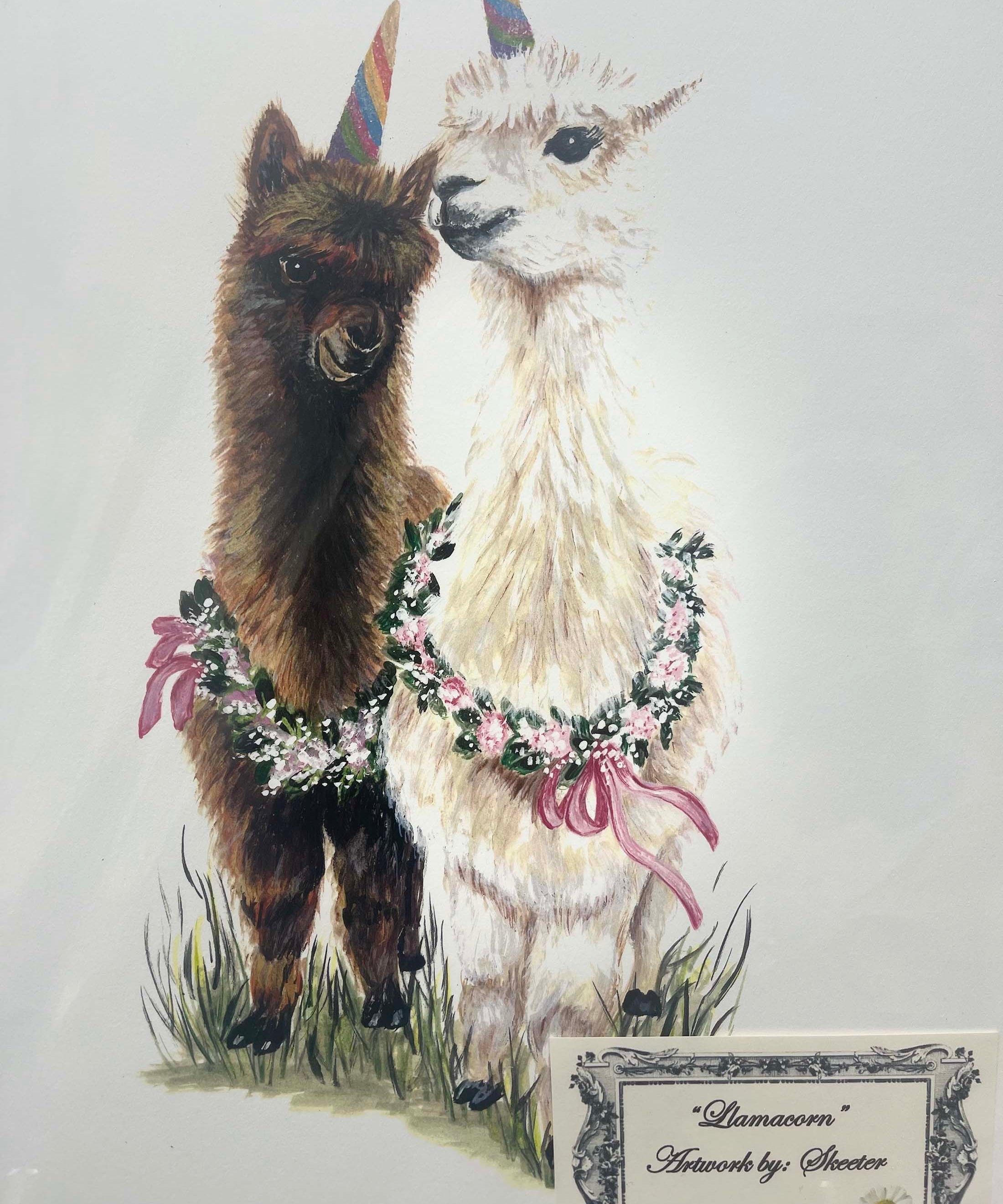 watercolor, liama with unicorn and flower necklace