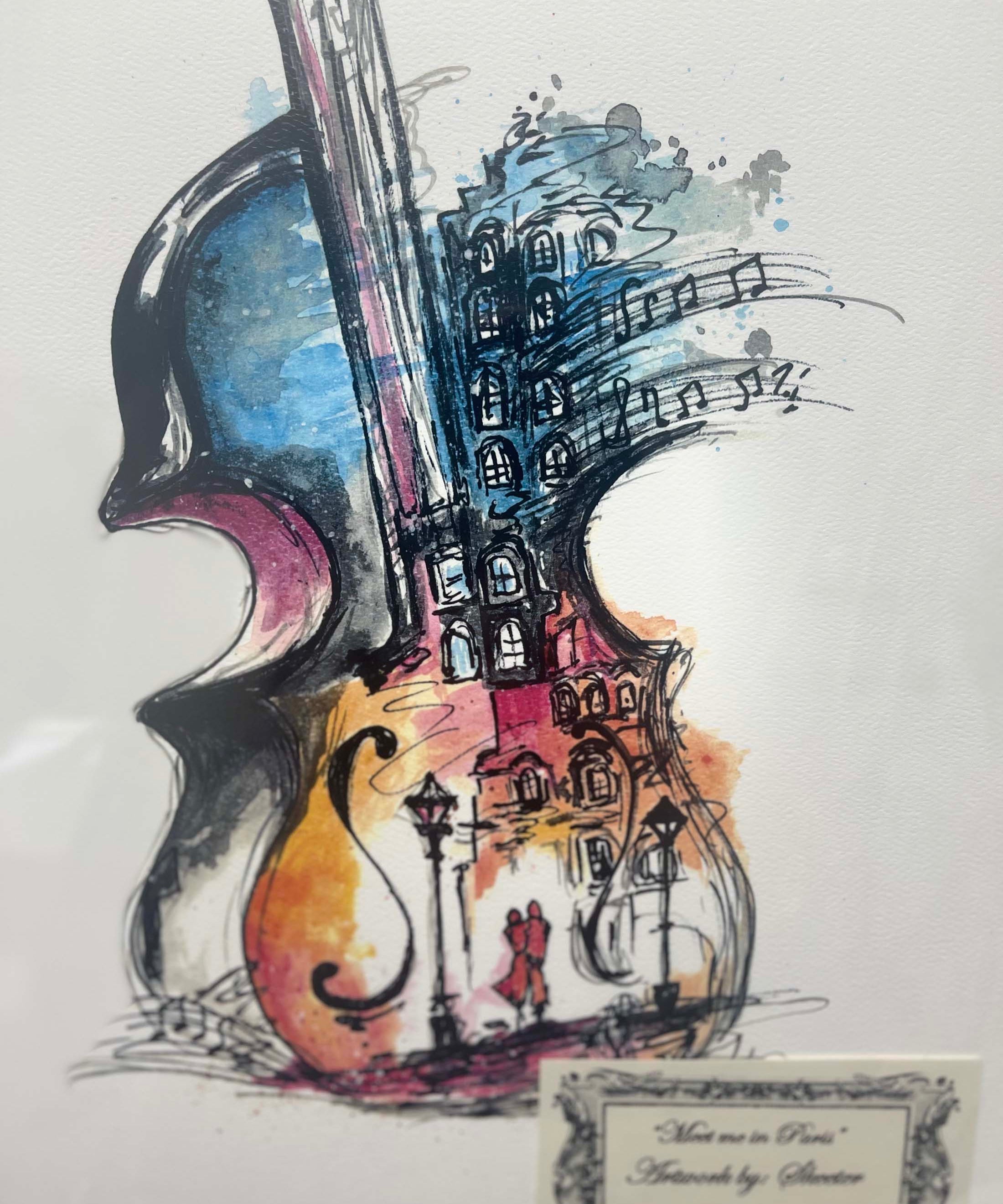 watercolor, rainbow on guitar paris theme art